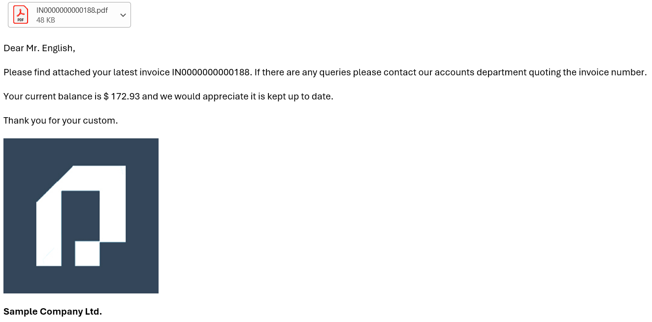 An invoice email as received, with the PDF attached, the customer's contact name and balance filled in from the lookup, the company logo and a bold sign-off