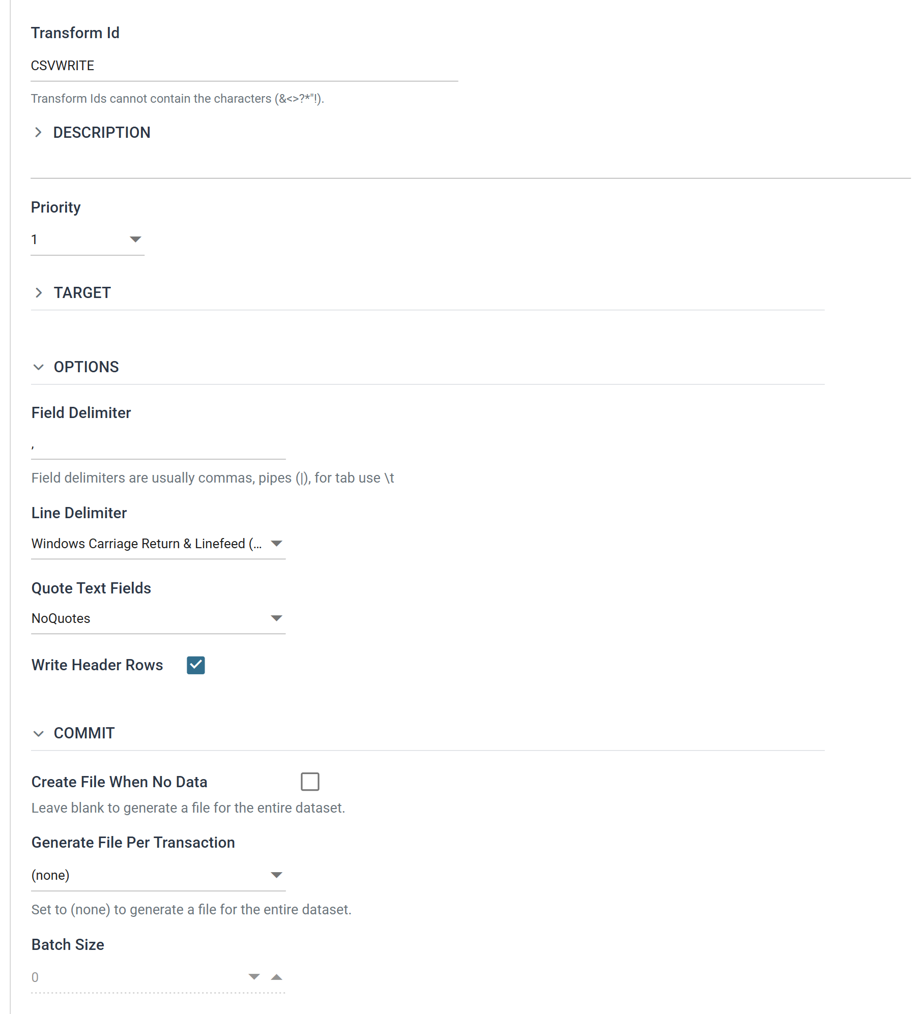 The CSV Writer Setup tab with the Target section collapsed, showing the Options section with Field Delimiter, Line Delimiter, Quote Text Fields and Write Header Rows, and the Commit section below it