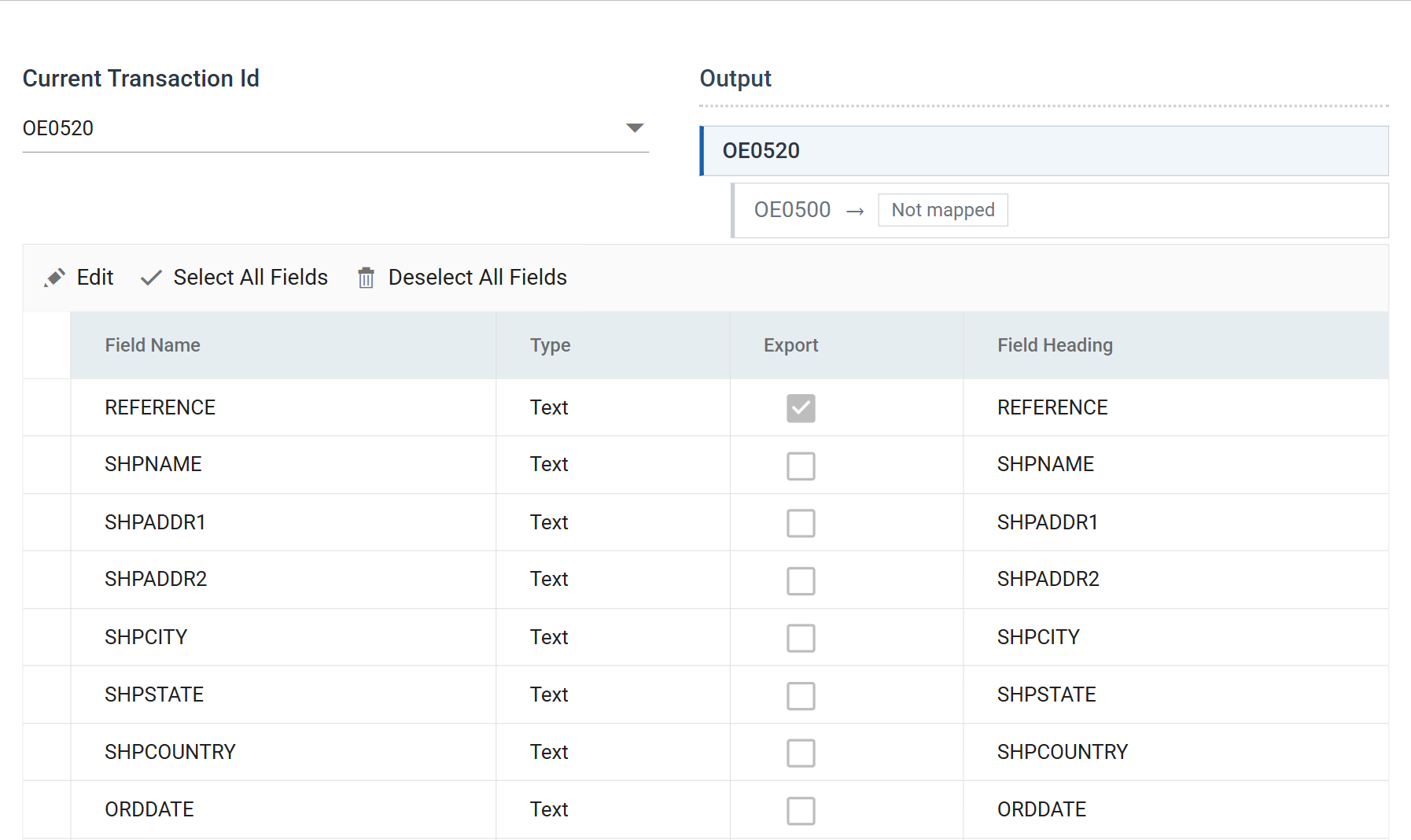 The CSV Writer Field Mapping tab, with the Current Transaction Id drop-down and the Output tree beside the field grid of Field Name, Type, Export and Field Heading