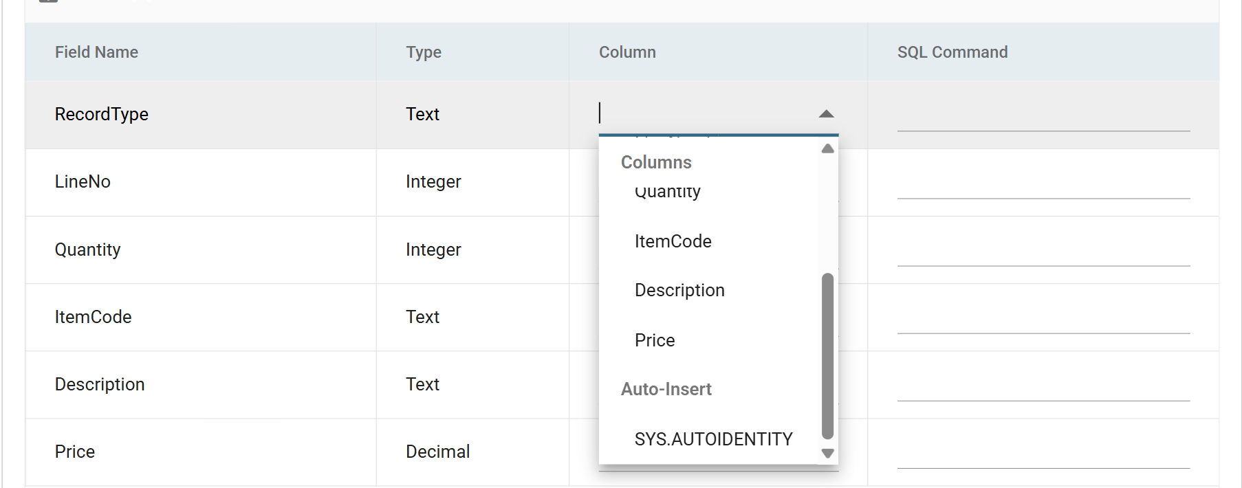 The Column drop-down on the Database Writer's field grid, scrolled to show the Auto-Insert group with SYS.AUTOIDENTITY beneath the table's own columns