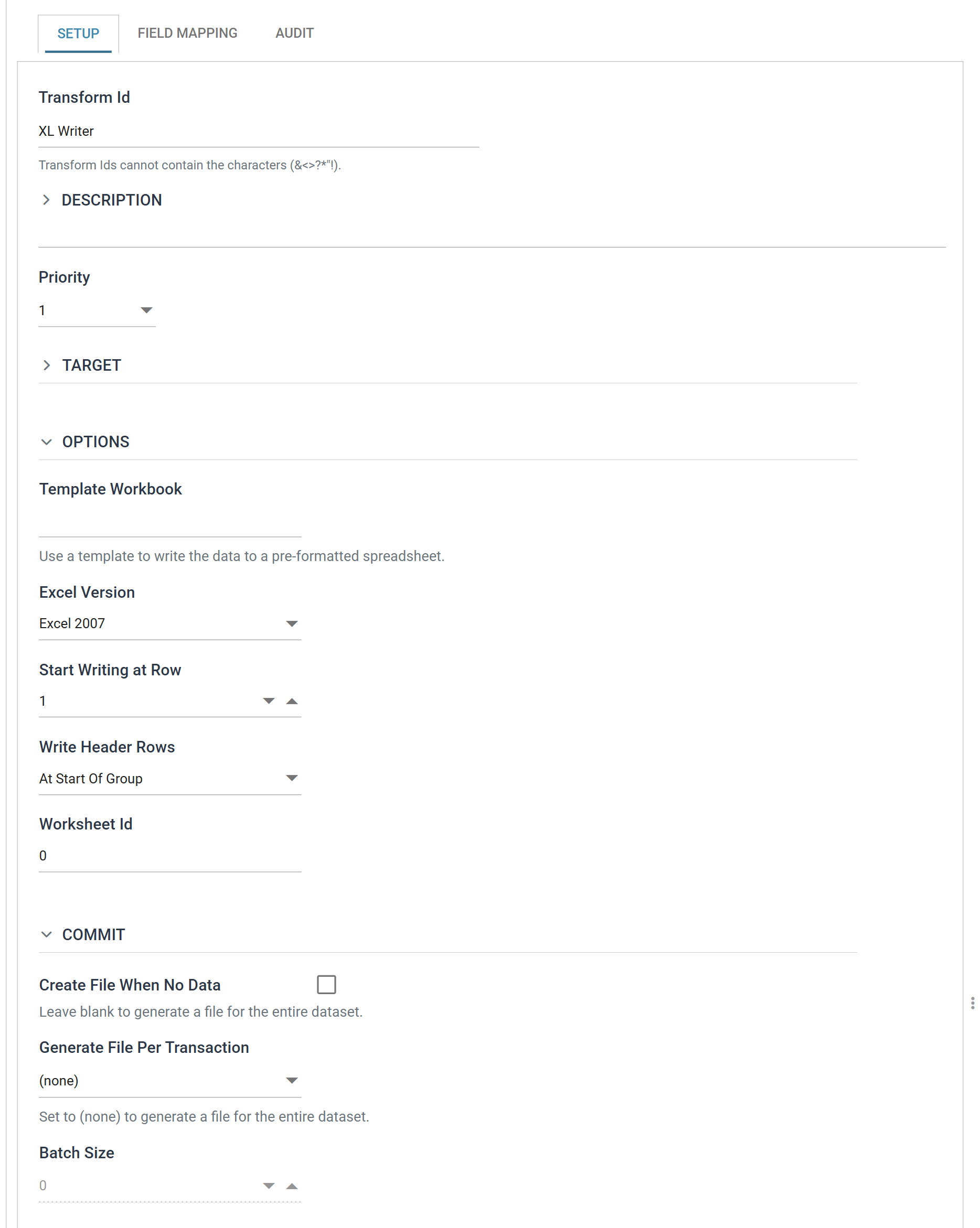 The Excel Writer Setup tab with the Target section collapsed, showing the Options section with Template Workbook, Excel Version, Start Writing at Row, Write Header Rows and Worksheet Id, and the Commit section below it
