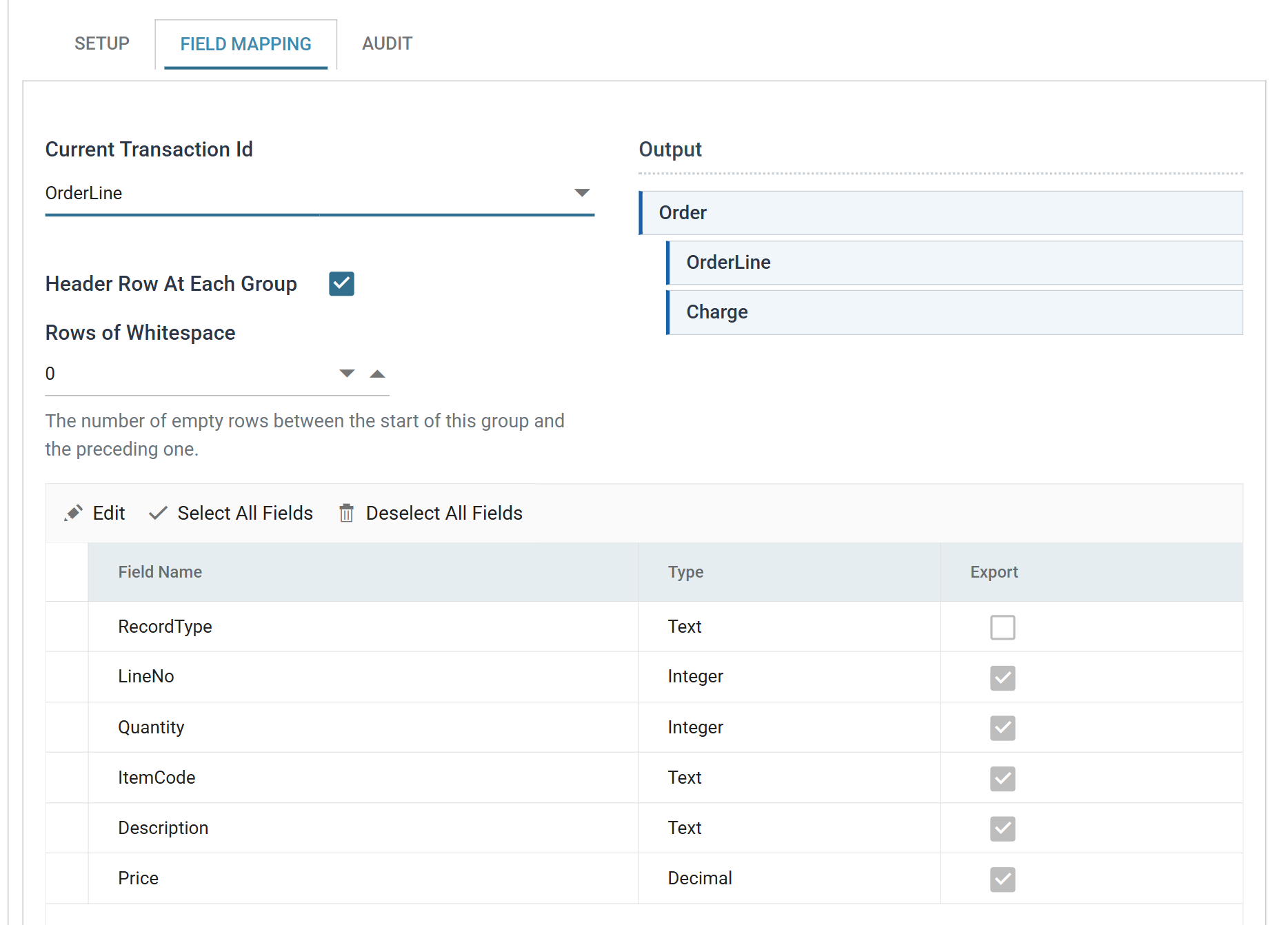 The Excel Writer Field Mapping tab showing the OrderLine transaction, with Header Row At Each Group ticked, Rows of Whitespace, the Output tree of Order, OrderLine and Charge, and the field grid of Field Name, Type and Export