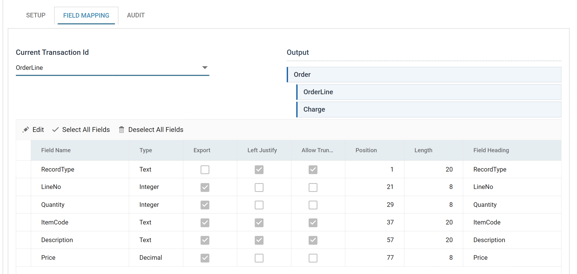 The Fixed Width Text Writer Field Mapping tab showing the OrderLine transaction, the Output tree, and the field grid with Field Name, Type, Export, Left Justify, Allow Truncation, Position, Length and Field Heading