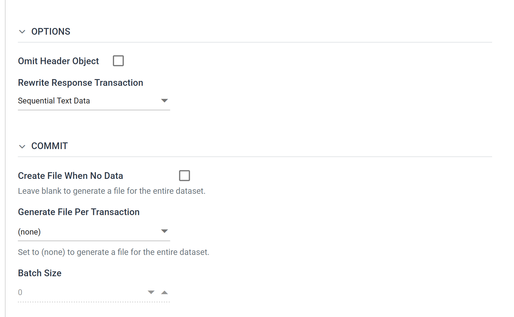 The JSON Writer Setup tab with the Target section collapsed, showing the Options section with Omit Header Object and Rewrite Response Transaction, and the Commit section below it