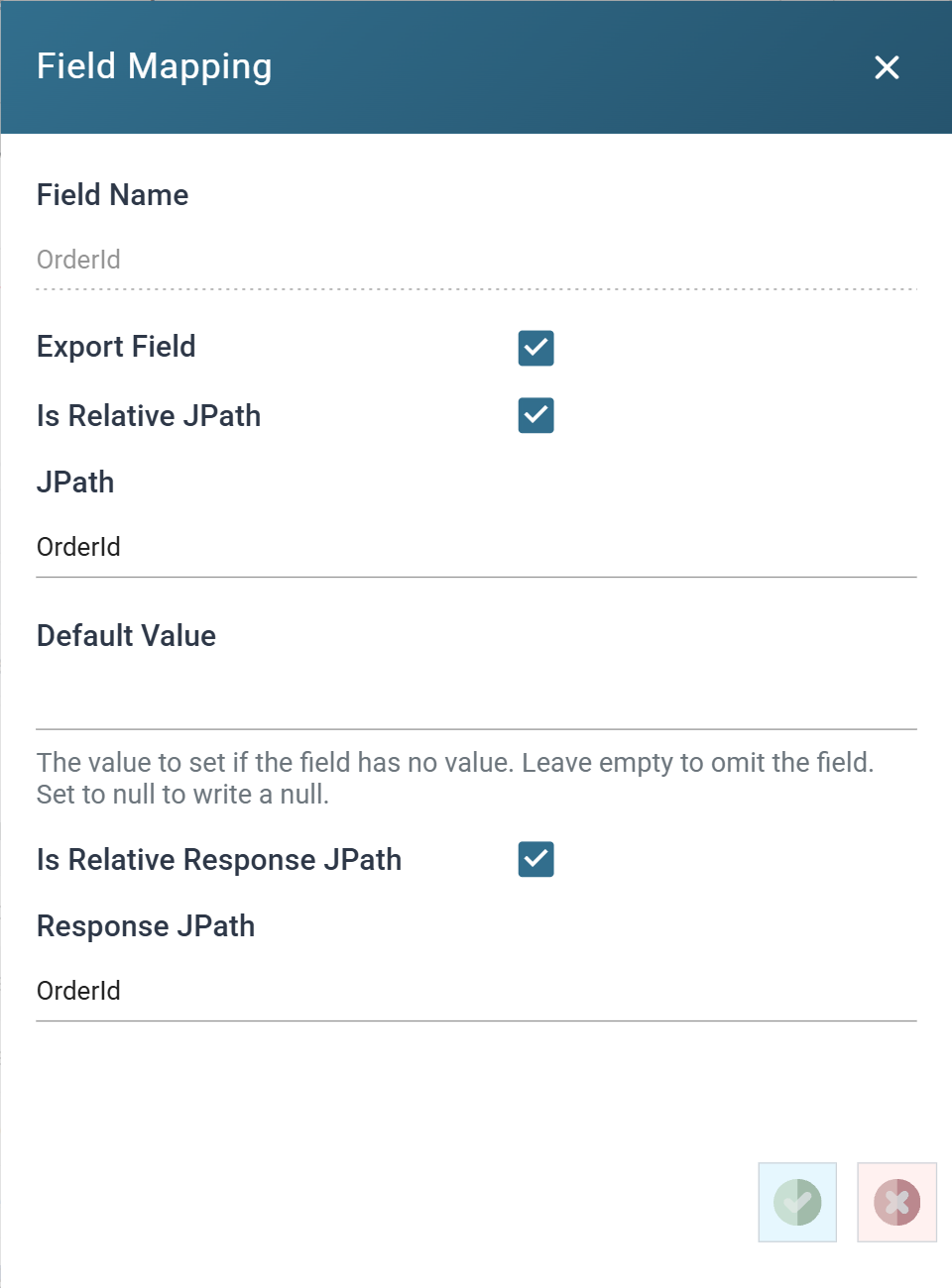 The JSON Writer's Field Mapping dialog under a Sequential rewrite, with Field Name, Export Field, Is Relative JPath, JPath, Default Value, Is Relative Response JPath and Response JPath