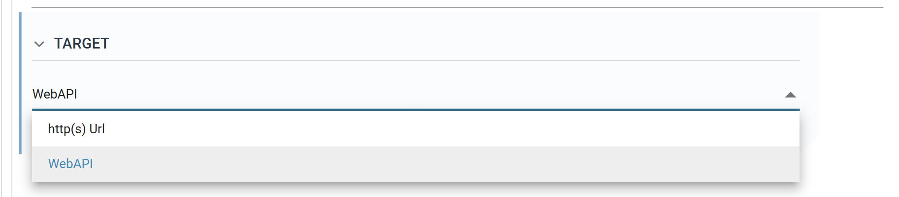 The Target section of a Form URL writer with its drop-down open, offering http(s) Url and WebAPI