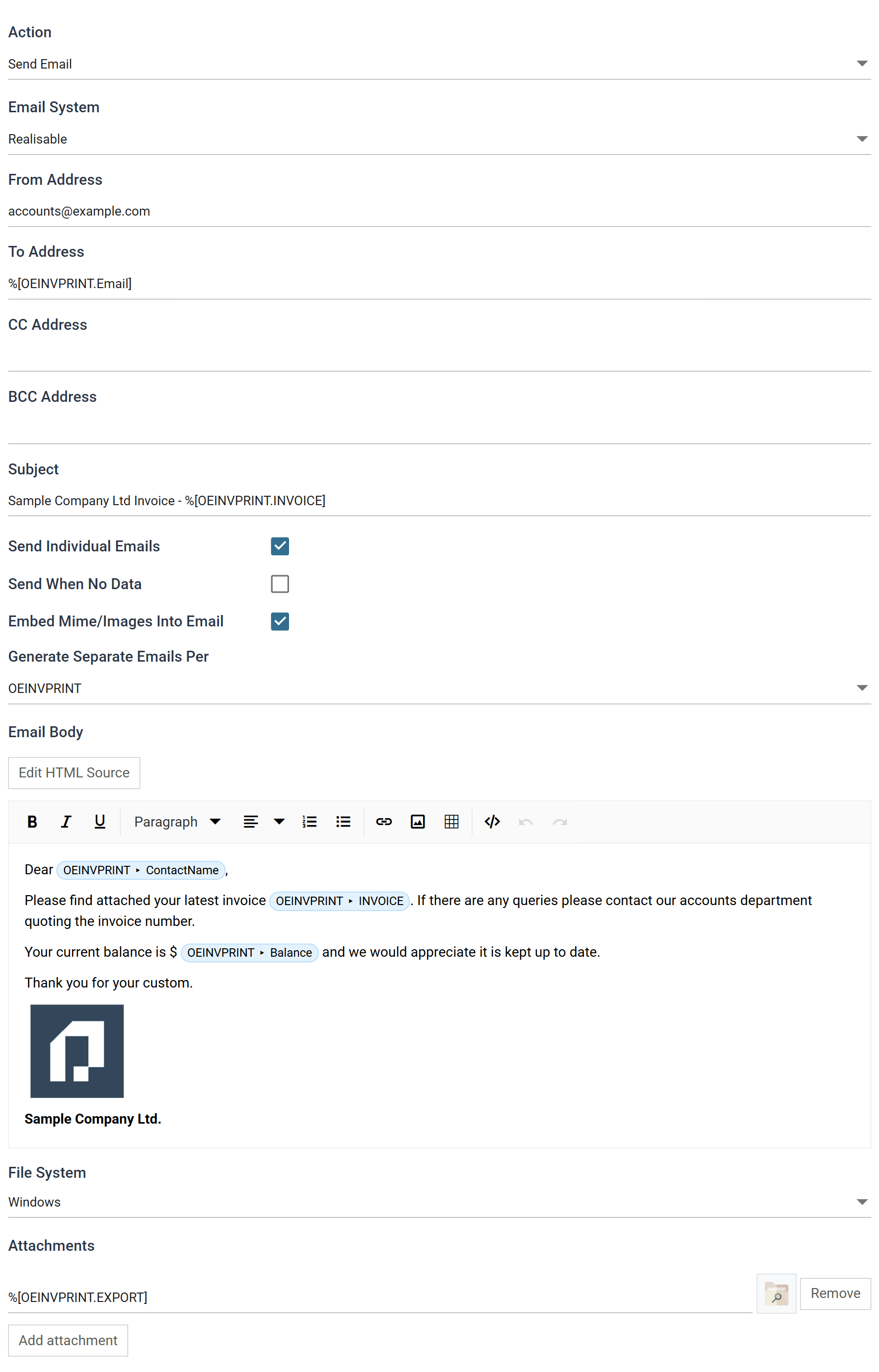 The Email task's Email Task tab with Send Email selected, showing Action, Email System, the address fields, Subject, the three check boxes, Generate Separate Emails Per, the Email Body editor, File System and the Attachments list