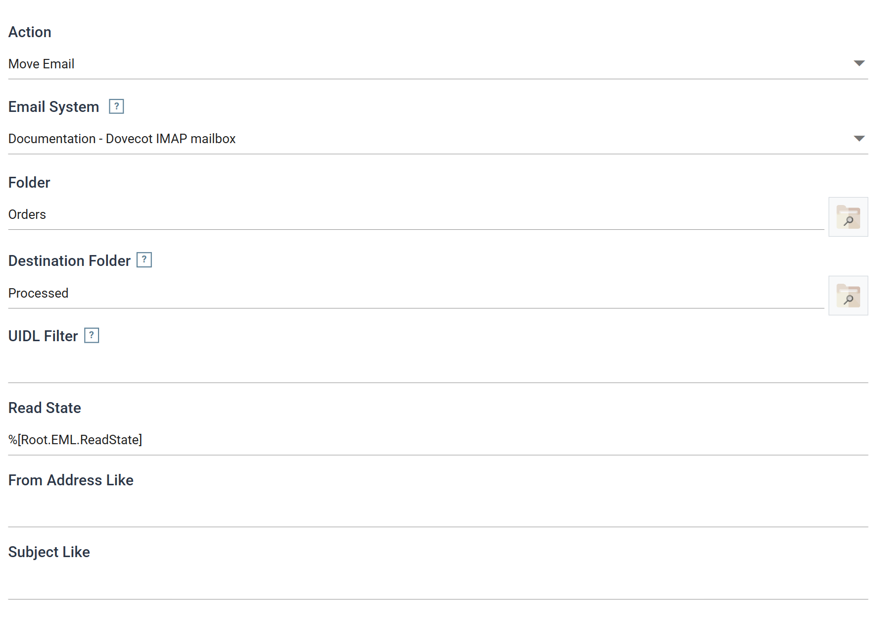 The Email Task tab with Move Email selected: Email System, Folder reading Orders, Destination Folder reading Processed, an empty UIDL Filter, Read State reading %[Root.EML.ReadState], and empty From Address Like and Subject Like boxes