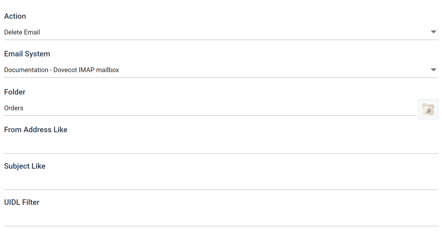 The Email Task tab with Delete Email selected and an IMAP server chosen: Email System, a Folder box reading Orders with a browse button, then From Address Like, Subject Like and UIDL Filter