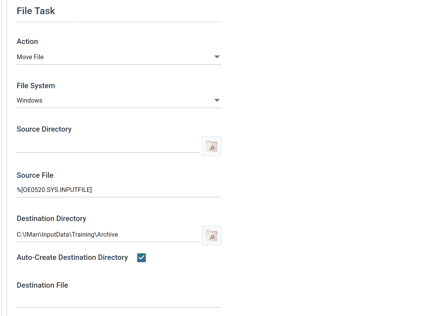 The File task's Setup tab, showing Action, File System, Source Directory, Source File, Destination Directory, Auto-Create Destination Directory and Destination File