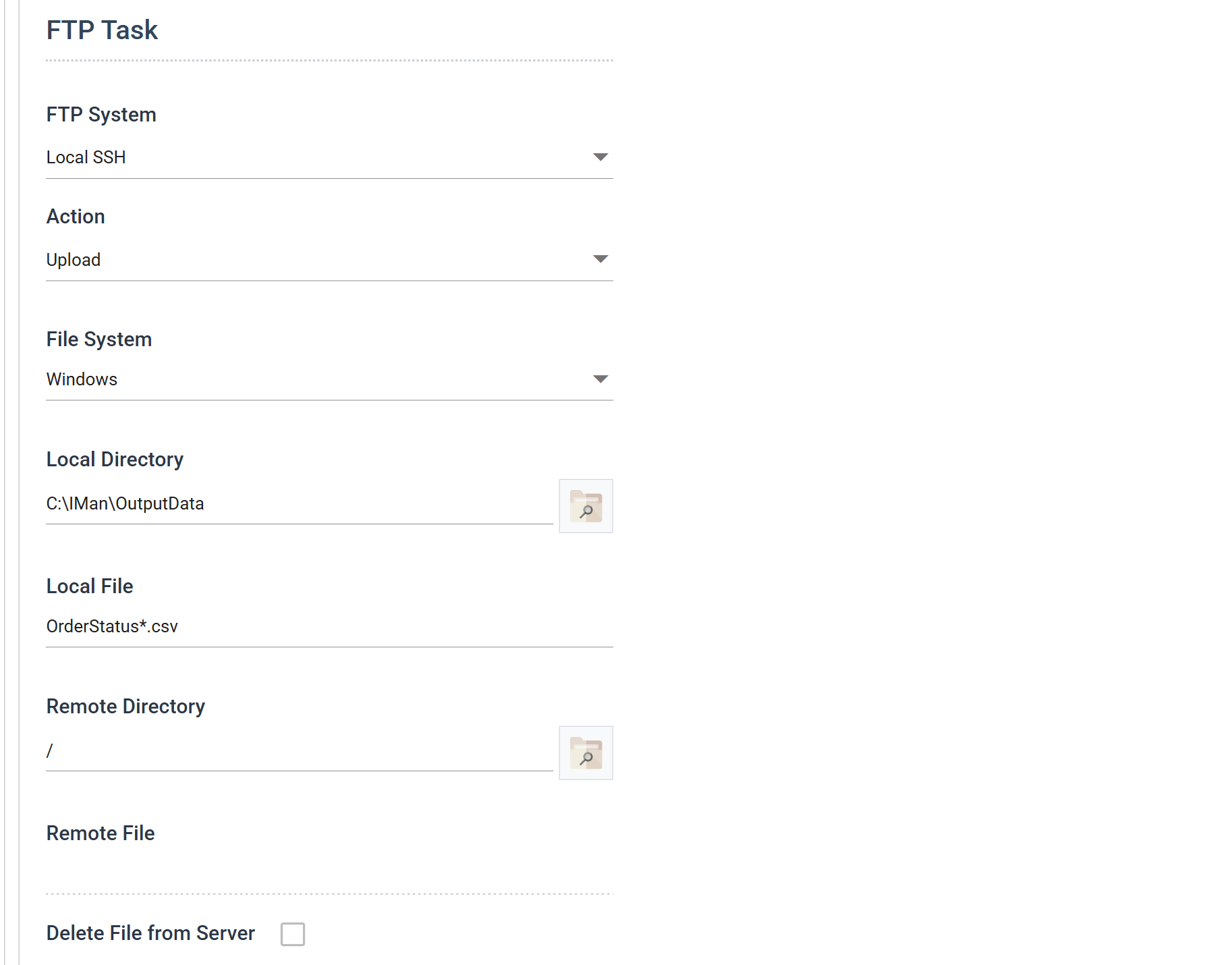The FTP task's Setup tab, showing FTP System, Action, File System, Local Directory, Local File, Remote Directory, Remote File and Delete File from Server