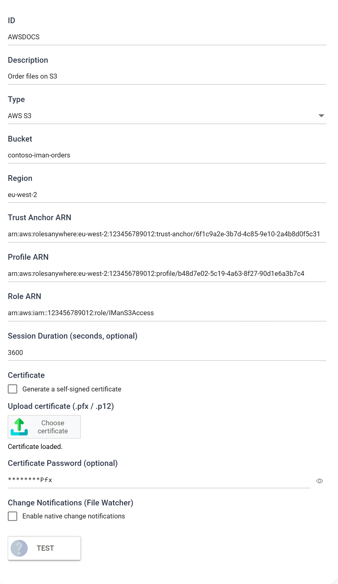 The file system setup dialog with AWS S3 selected, showing the ID, Description and Type fields above the fields for the chosen type, down to a masked Certificate Password with an eye button beside it