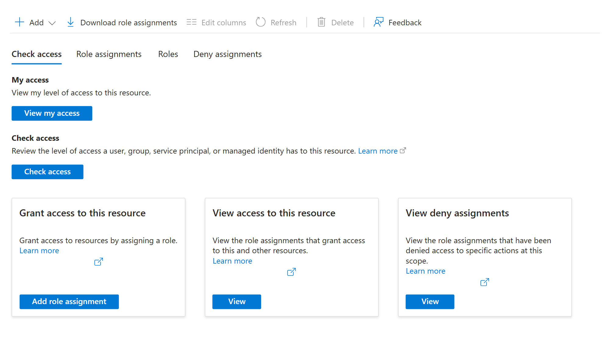 The storage account's Access Control (IAM) page, with the Add role assignment button under Grant access to this resource