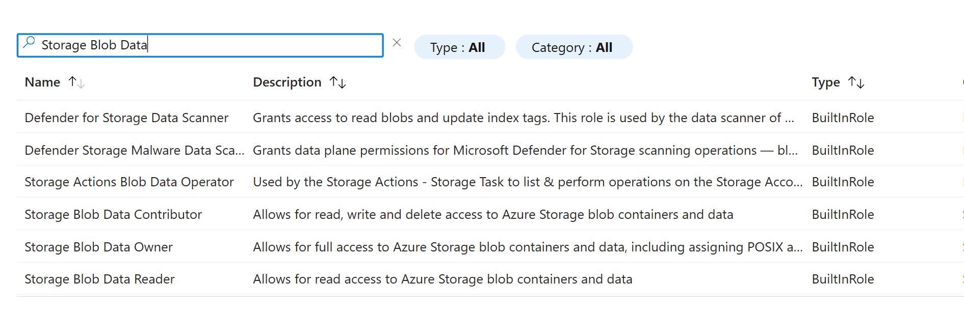 The Role tab of the Add role assignment page, filtered to Storage Blob Data, showing the Contributor, Owner and Reader roles