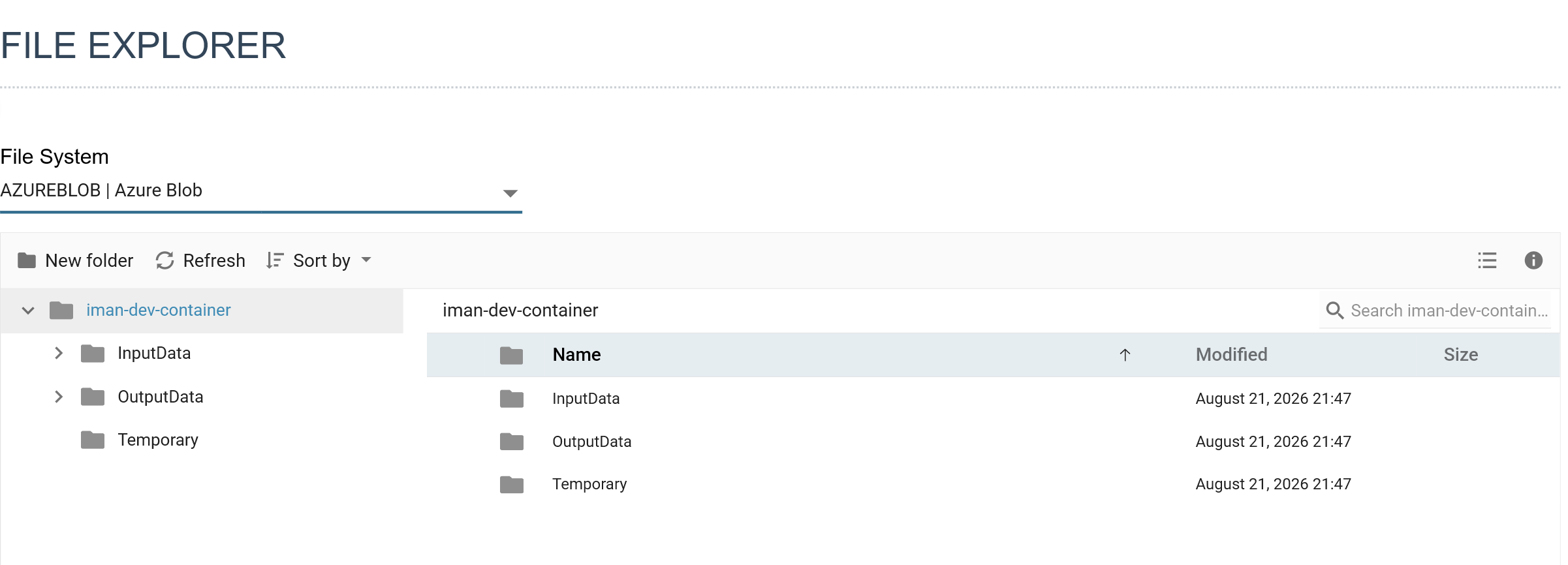 The File Explorer showing an Azure Blob Storage container, with the navigation tree on the left and the folder contents on the right