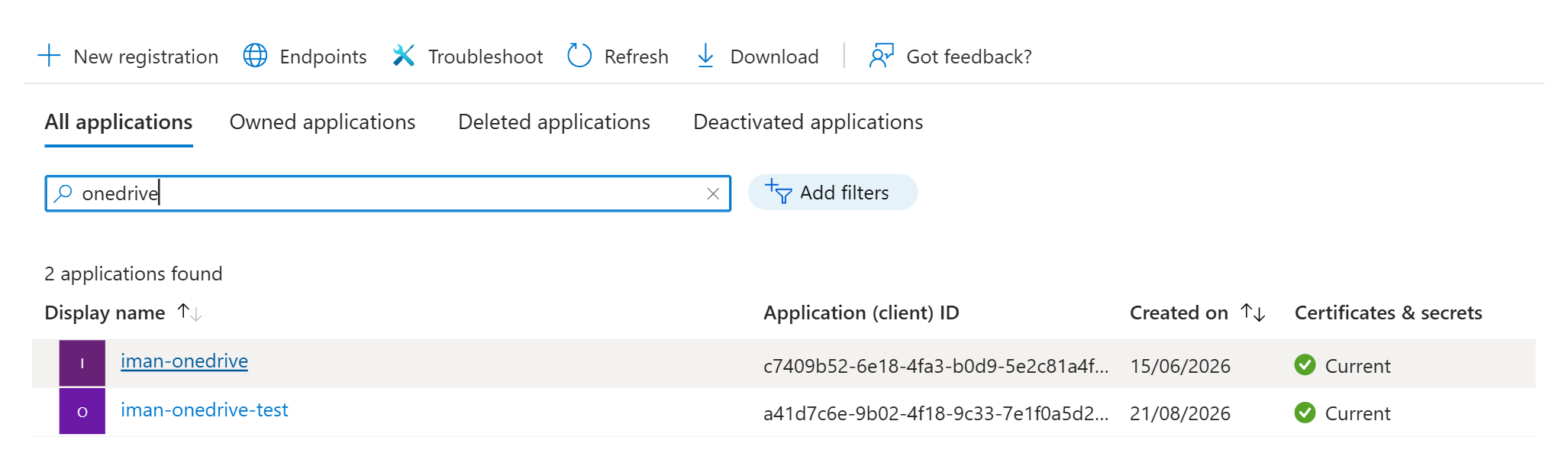 The App registrations list in Microsoft Entra ID, filtered to the IMan registrations, with the New registration button above it