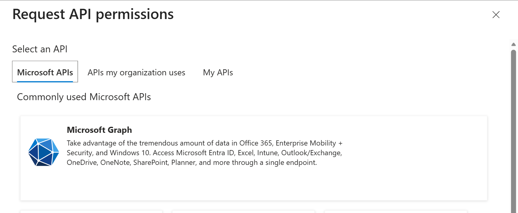 The Request API permissions pane, with Microsoft Graph offered as the API to add a permission from