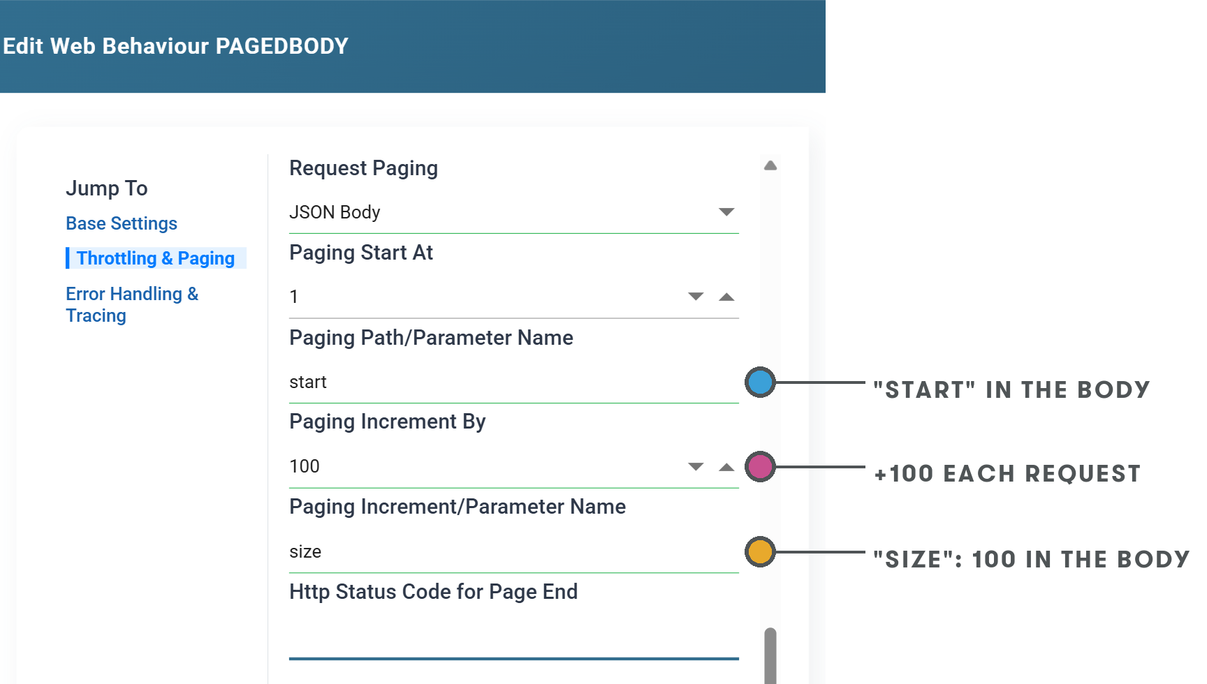 The same section with Request Paging set to JSON Body, Paging Path/Parameter Name start, Paging Increment By 100 and Paging Increment/Parameter Name size