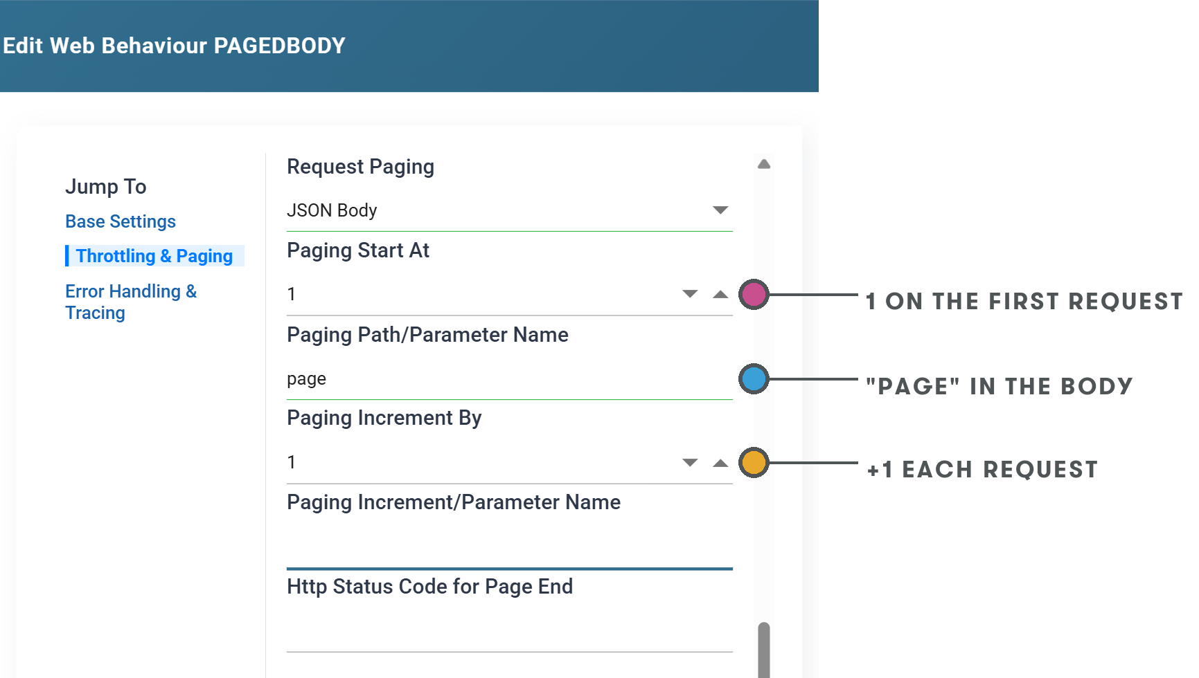 The Throttling and Paging section with Request Paging set to JSON Body, Paging Path/Parameter Name page, Paging Increment By 1, and Paging Increment/Parameter Name left empty
