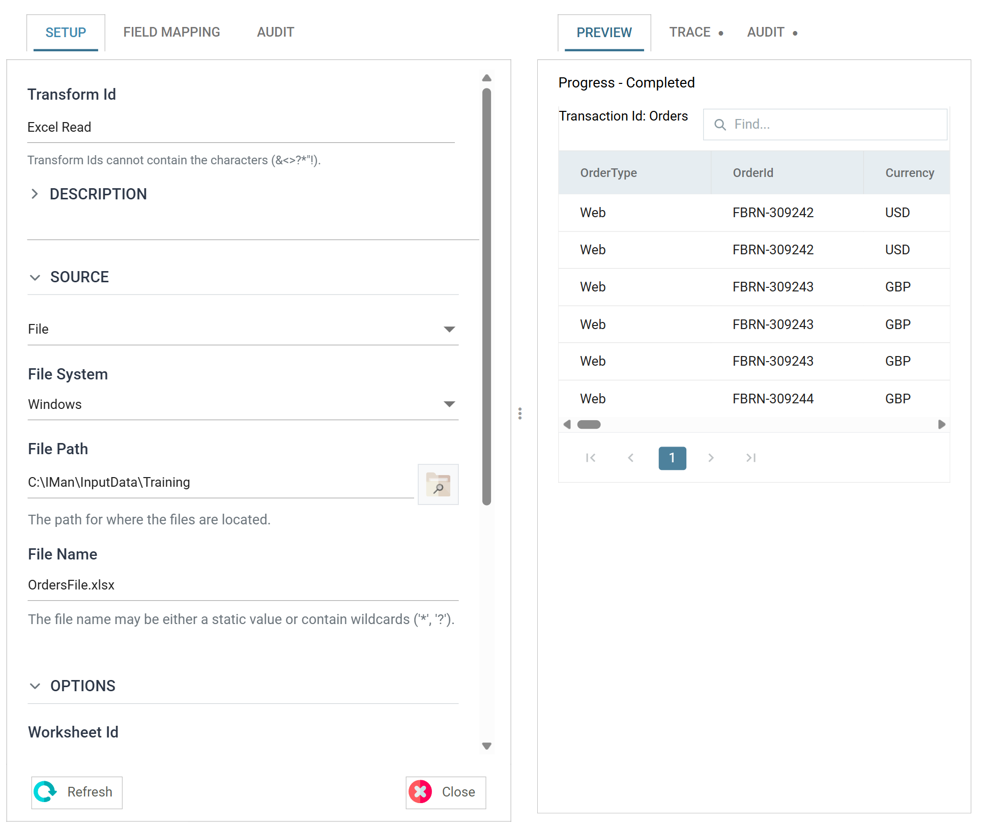 A transform setup pane: the Setup, Field Mapping and Audit tabs on the left with the transform's configuration, and the Preview, Trace and Audit tabs on the right showing the data the transform produced