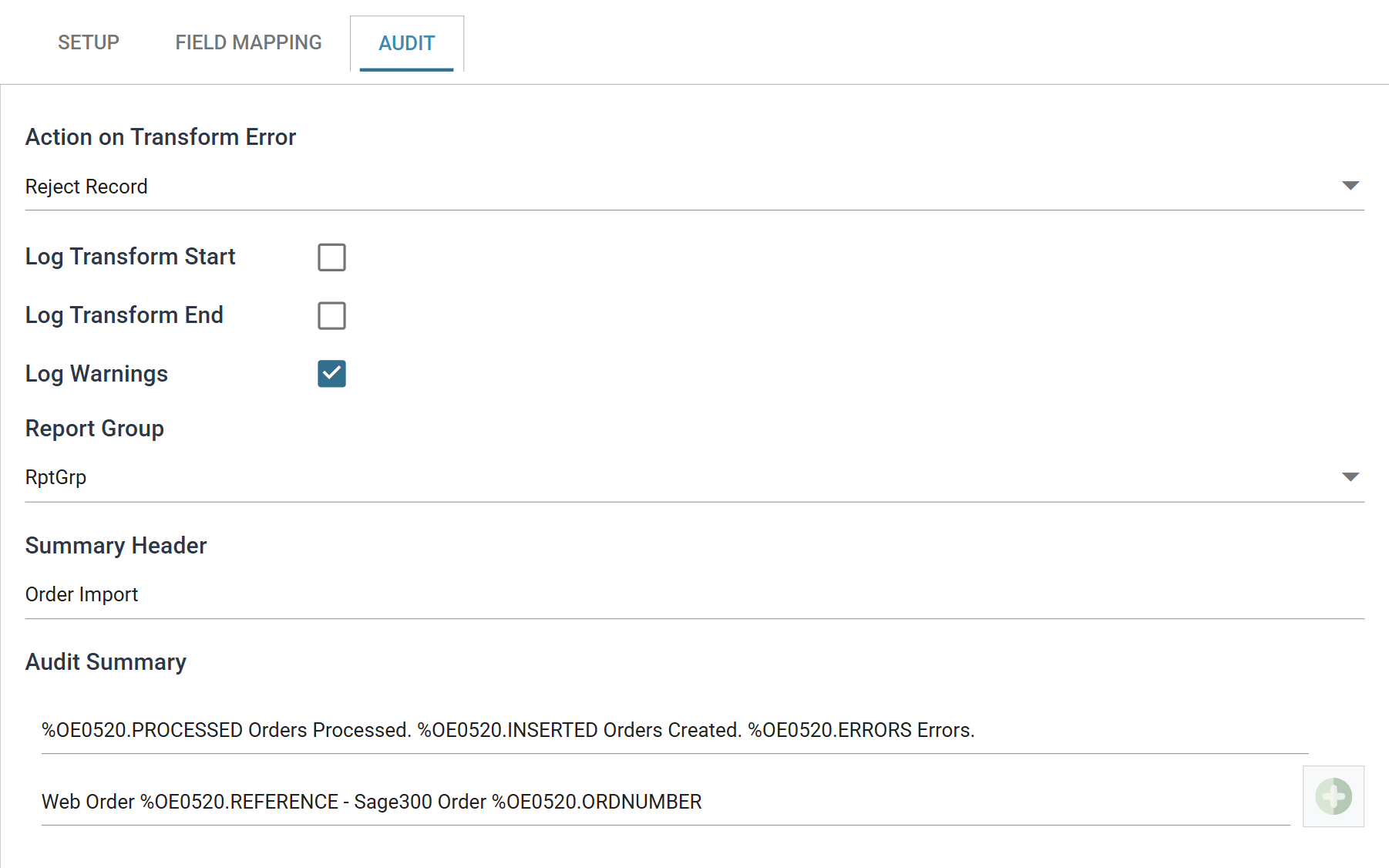 The Audit tab, showing Action on Transform Error, the three log check boxes, Report Group, Summary Header and a two-line Audit Summary