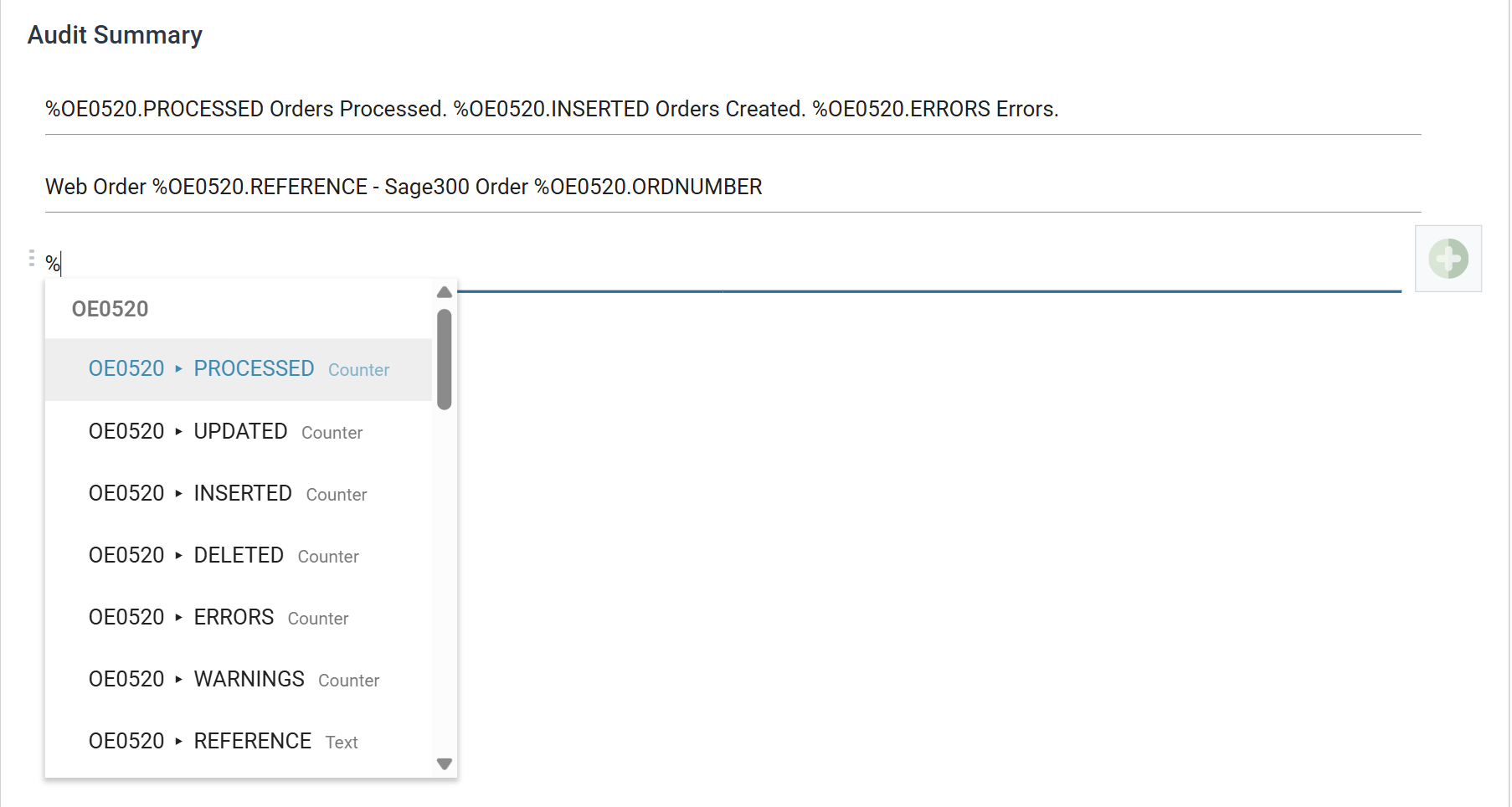 The Audit Summary field picker open on a row, listing the transaction's counters and then its fields, each with its type