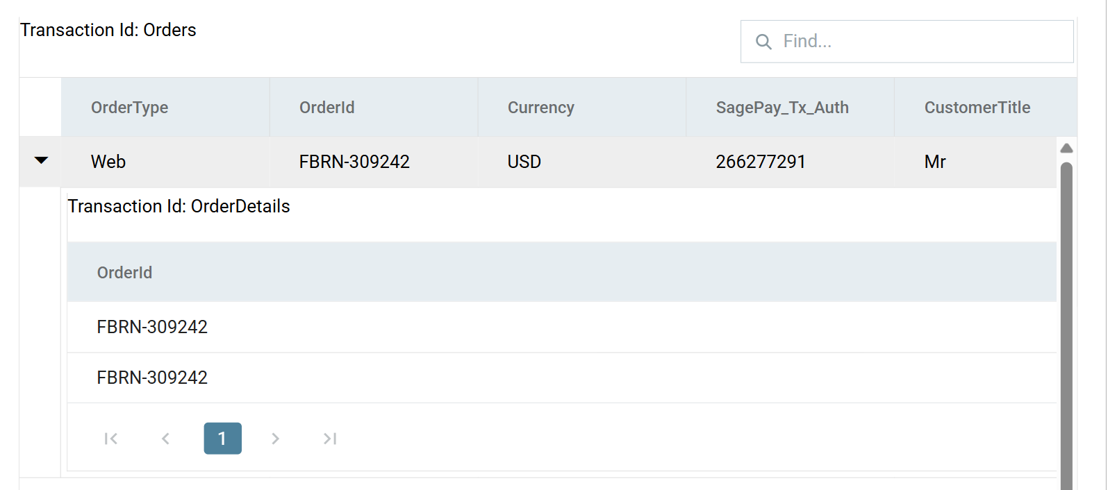 A parent record expanded to show its child transaction, OrderDetails, in a grid of its own beneath it