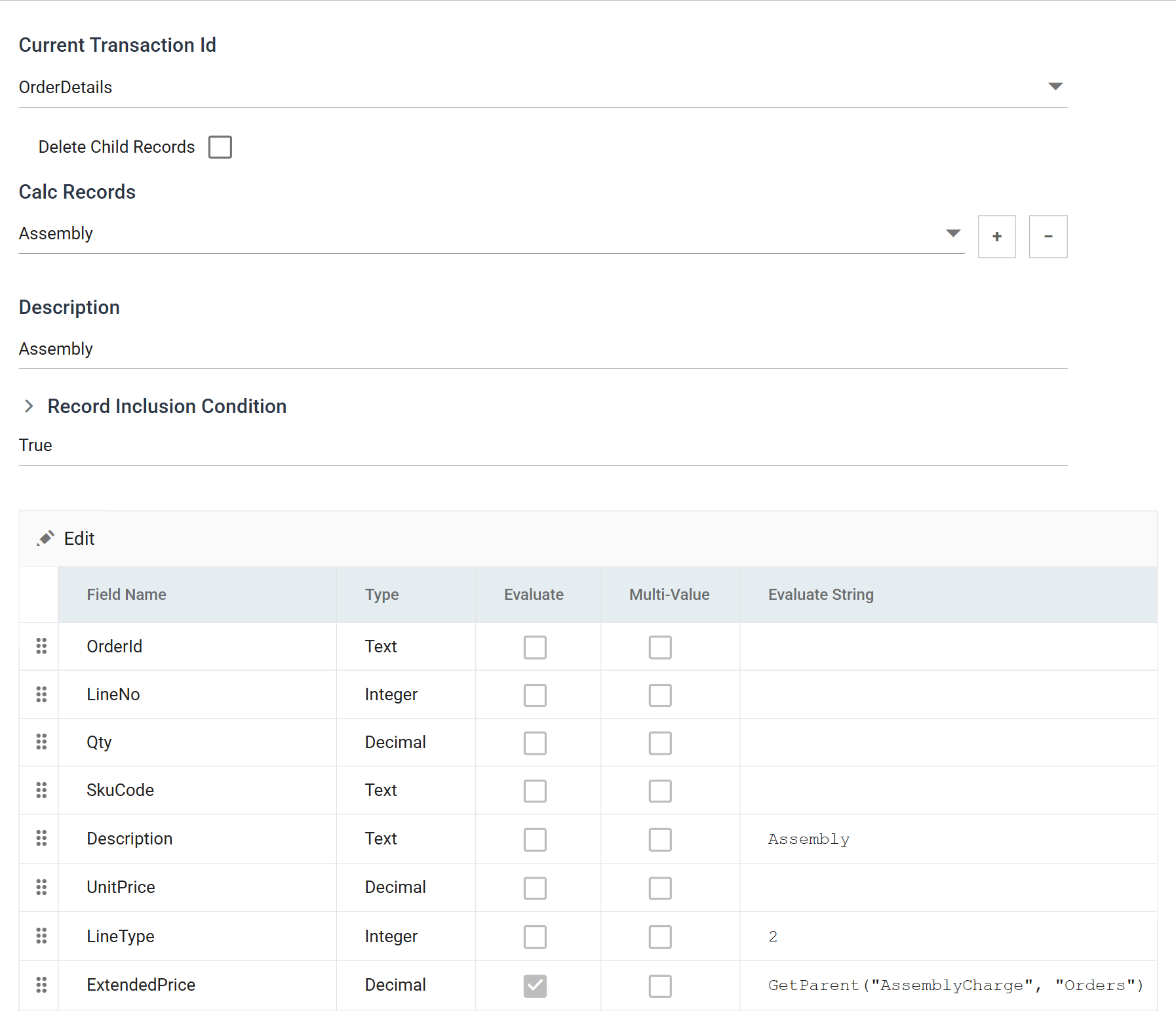 The Aggregate transform's Field Mapping tab, showing Current Transaction Id, the Delete Child Records check box, the Calc Records drop-down with its add and delete buttons, and the selected Calc Record's Description, Record Inclusion Condition and field grid