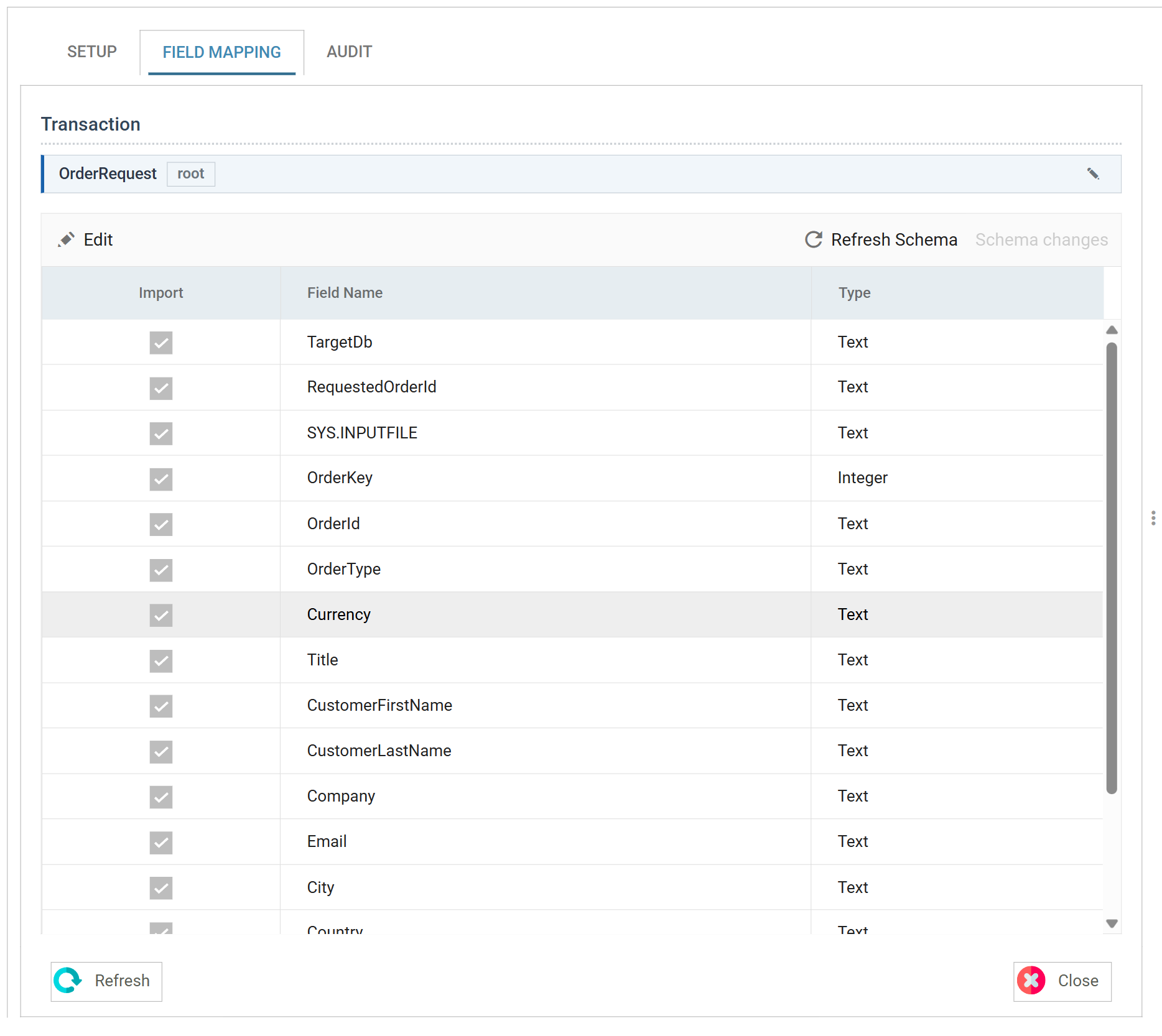The Database Reader Field Mapping tab for a flat reader: the Transaction strip holding the single record OrderRequest, and the grid of Import, Field Name and Type carrying the fields the parent supplied followed by the columns the query returned, with Refresh Schema and a greyed Schema changes item on its toolbar