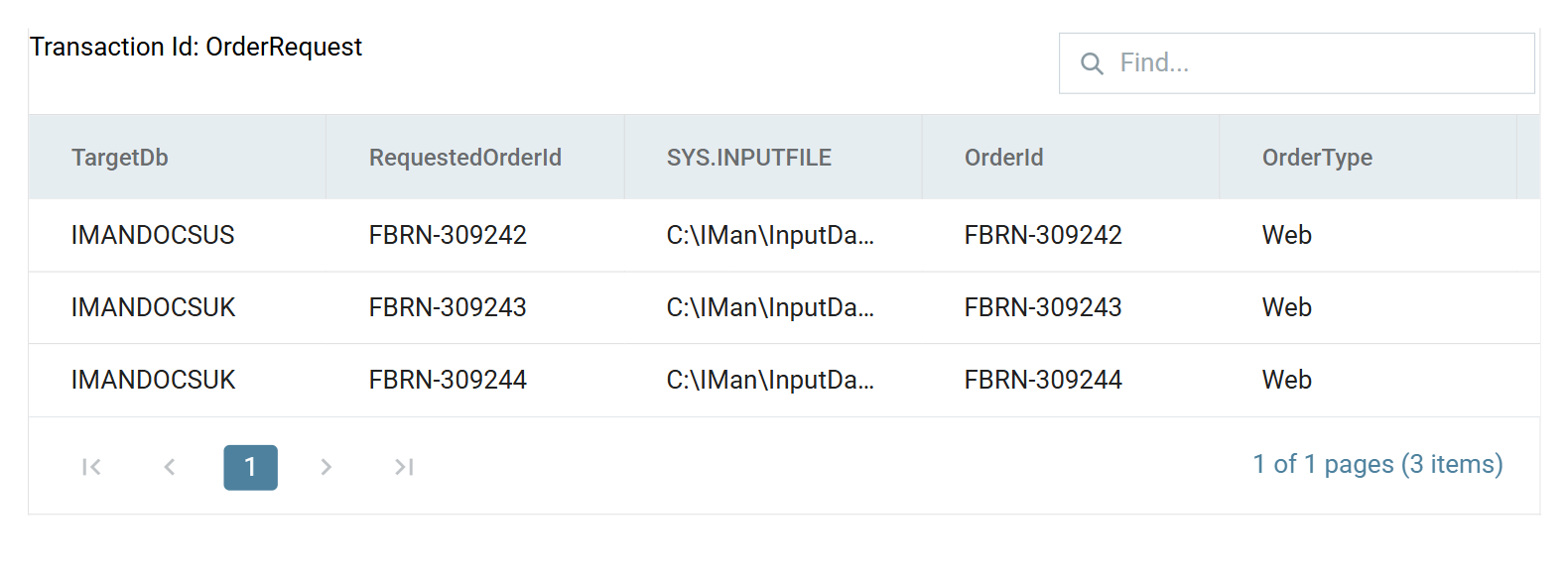 The Database Reader preview, showing three rows: one whose TargetDb is IMANDOCSUS and two whose TargetDb is IMANDOCSUK, each returning the order of the matching OrderId