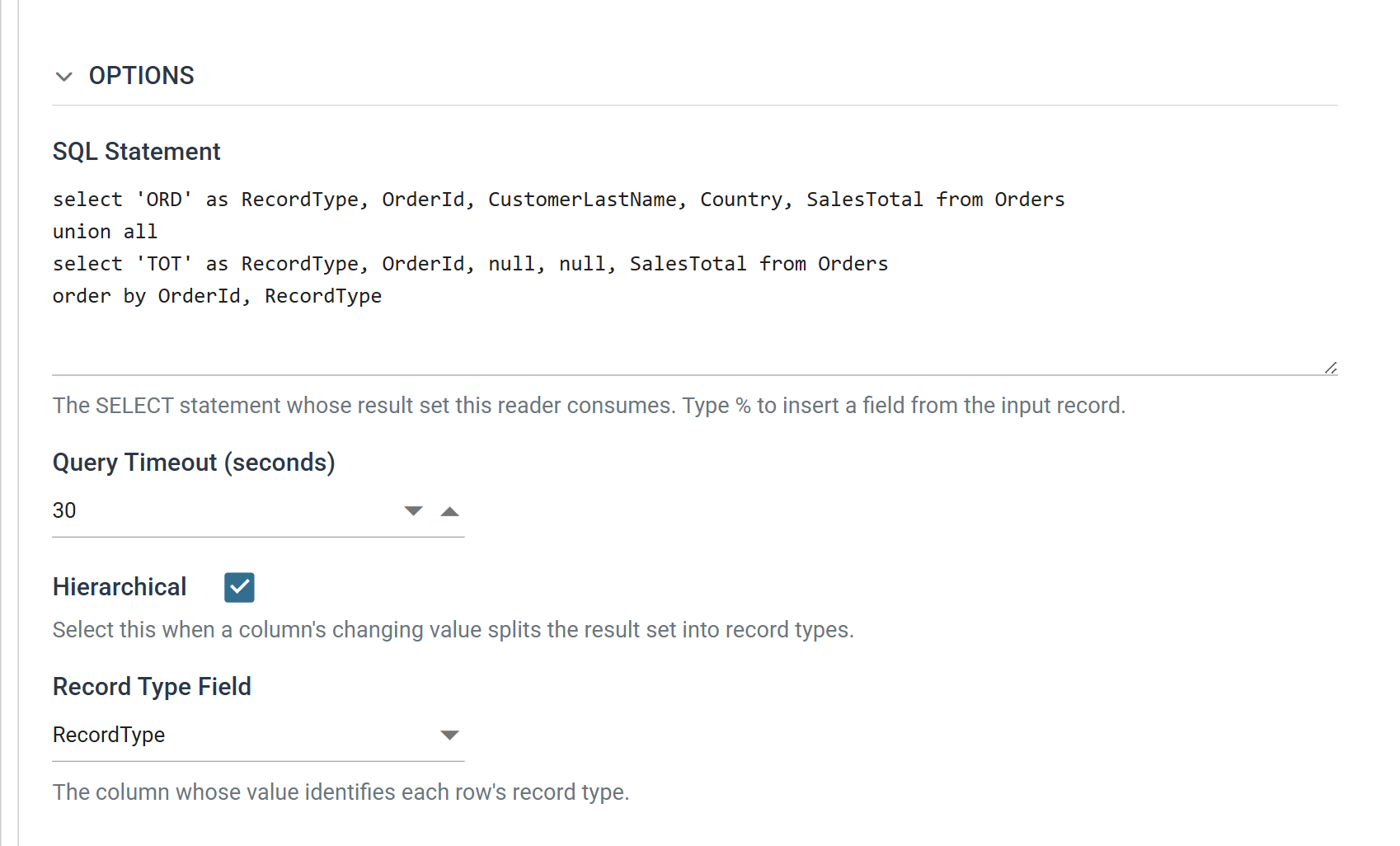 The Database Reader's Options section with Hierarchical ticked, revealing the Record Type Field drop-down set to RecordType