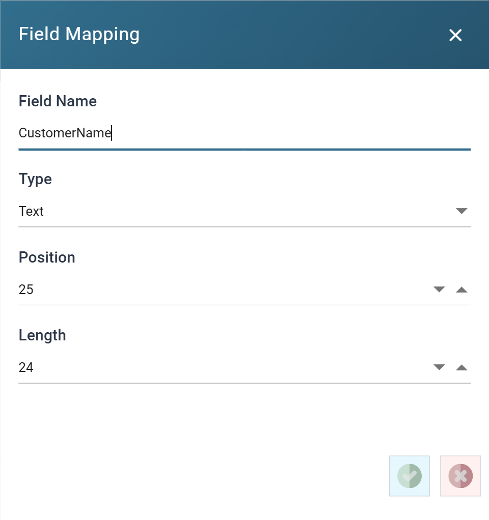 The Field Mapping dialog for the Fixed Width Reader, showing Field Name, Type, Position and Length