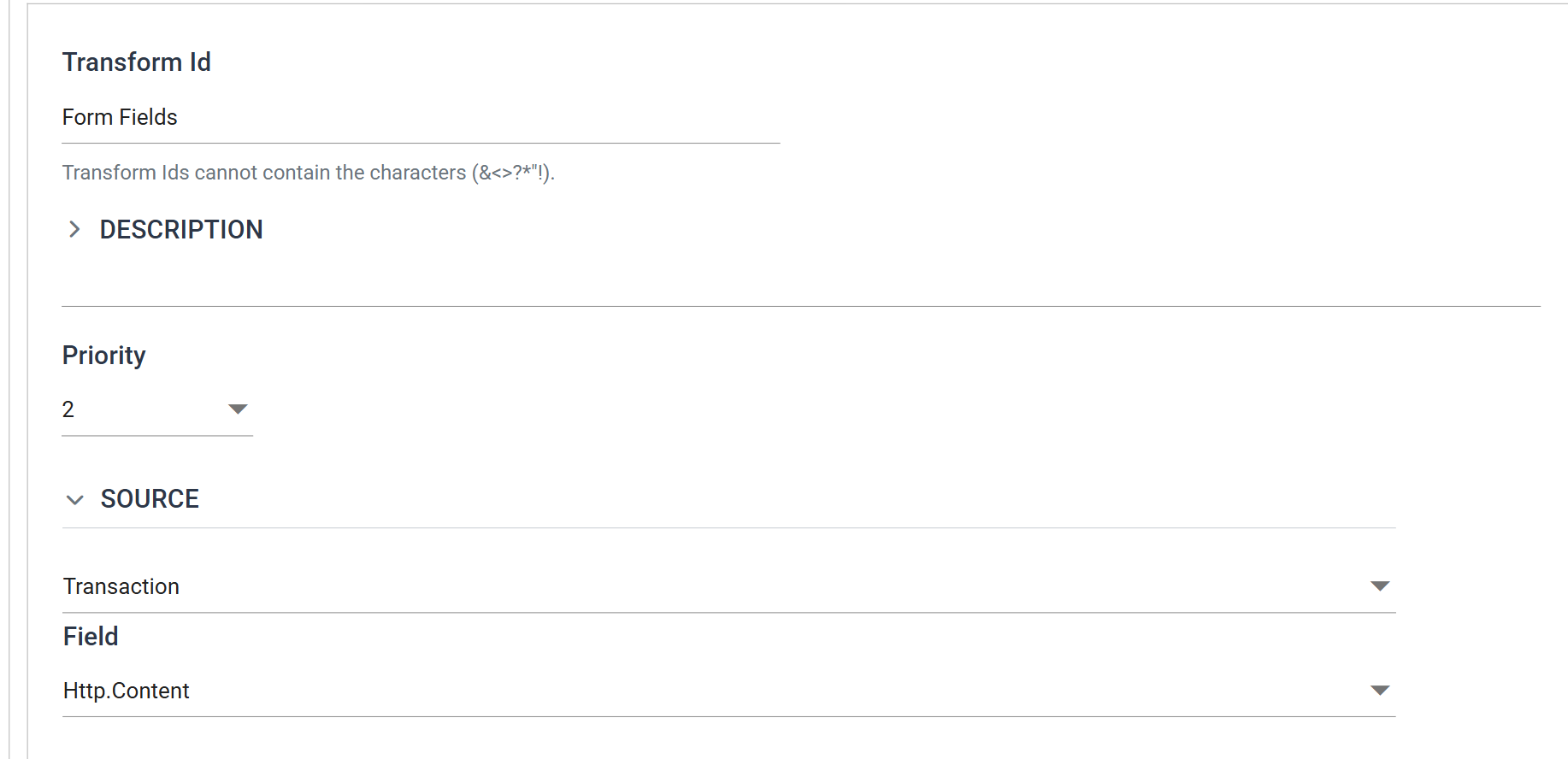 The Setup tab of a Form URL reader with Transform Id, a collapsed Description, Priority, and a Source section set to Transaction with Field set to Http.Content
