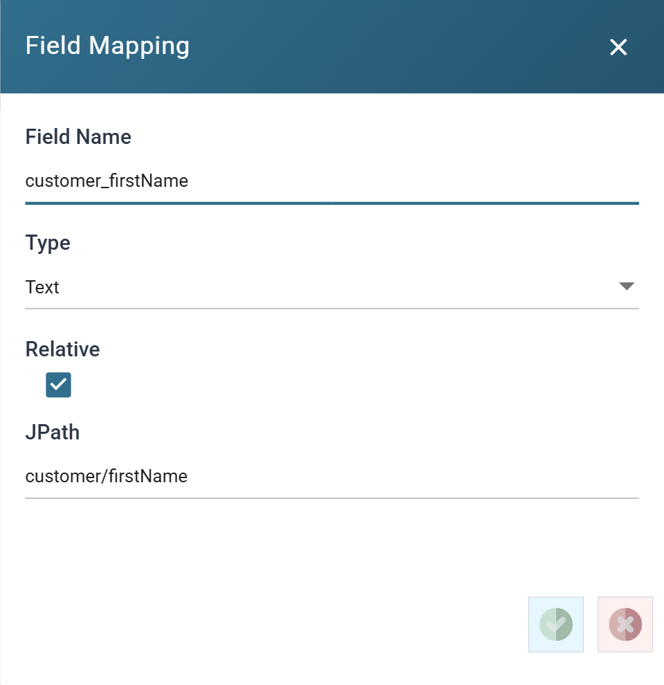 The Field Mapping dialog for the JSON Reader, showing Field Name, Type, the Relative check box and JSON Path