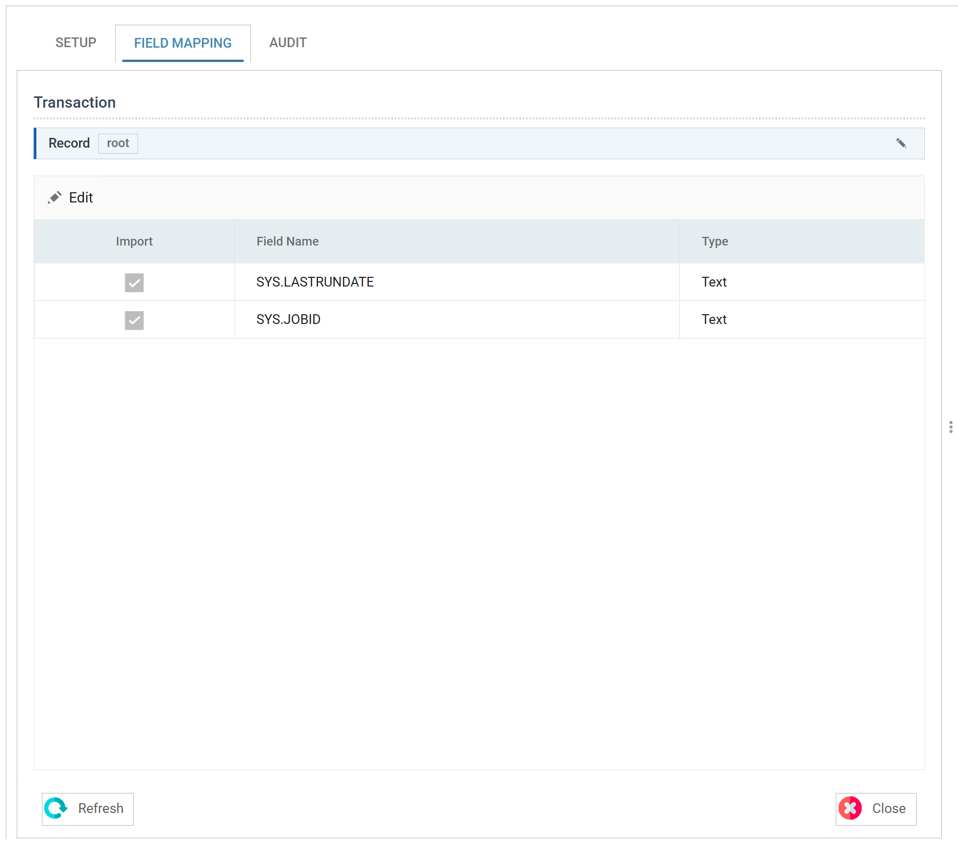 The Parameter Reader's Field Mapping tab: one transaction, Record, and a field grid holding SYS.LASTRUNDATE and SYS.JOBID, both Text and both ticked for import