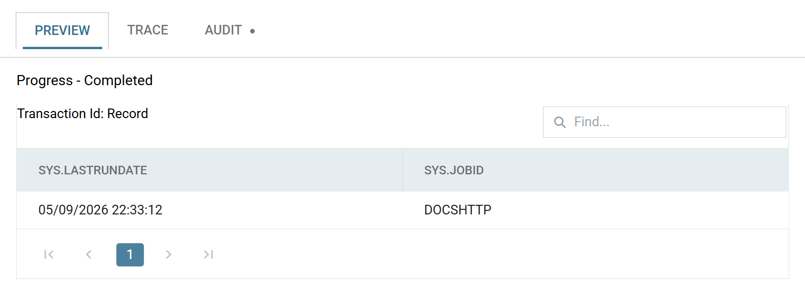 The preview pane after a Refresh, showing one row with SYS.LASTRUNDATE 05/09/2026 22:33:12 and SYS.JOBID DOCSHTTP
