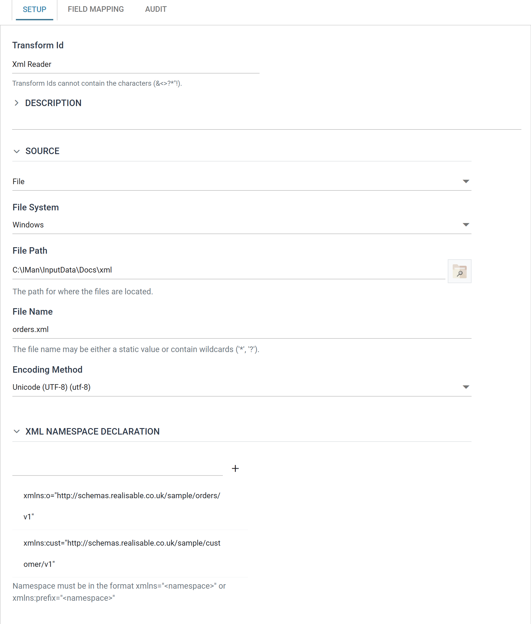 The XML Reader Setup tab, with the Source section expanded showing the File controller's fields, and the Xml Namespace Declaration section listing two namespace declarations
