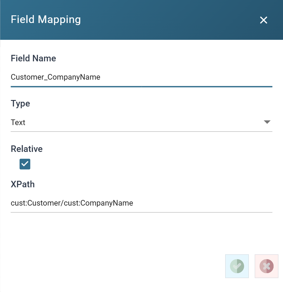 The Field Mapping dialog for the XML Reader, showing Field Name, Type, the Relative check box and XPath