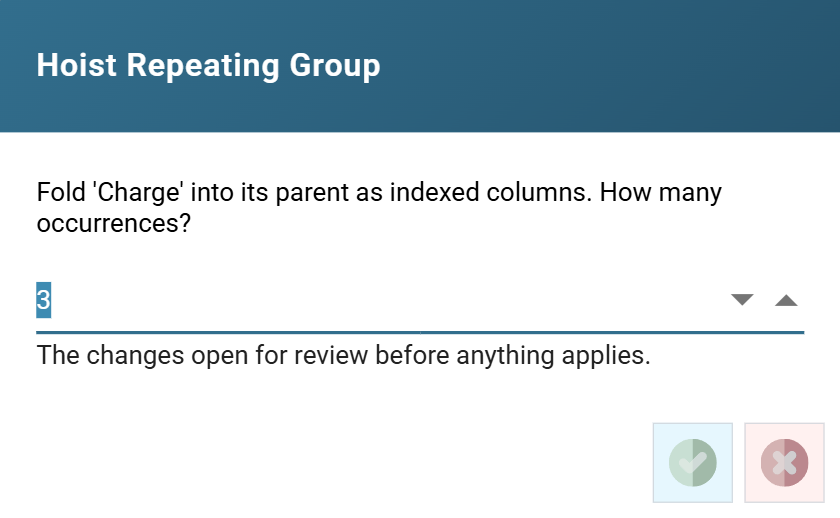 The Hoist Repeating Group dialog, reading "Fold 'Charge' into its parent as indexed columns. How many occurrences?" with a count of 3 and the hint that changes open for review before anything applies