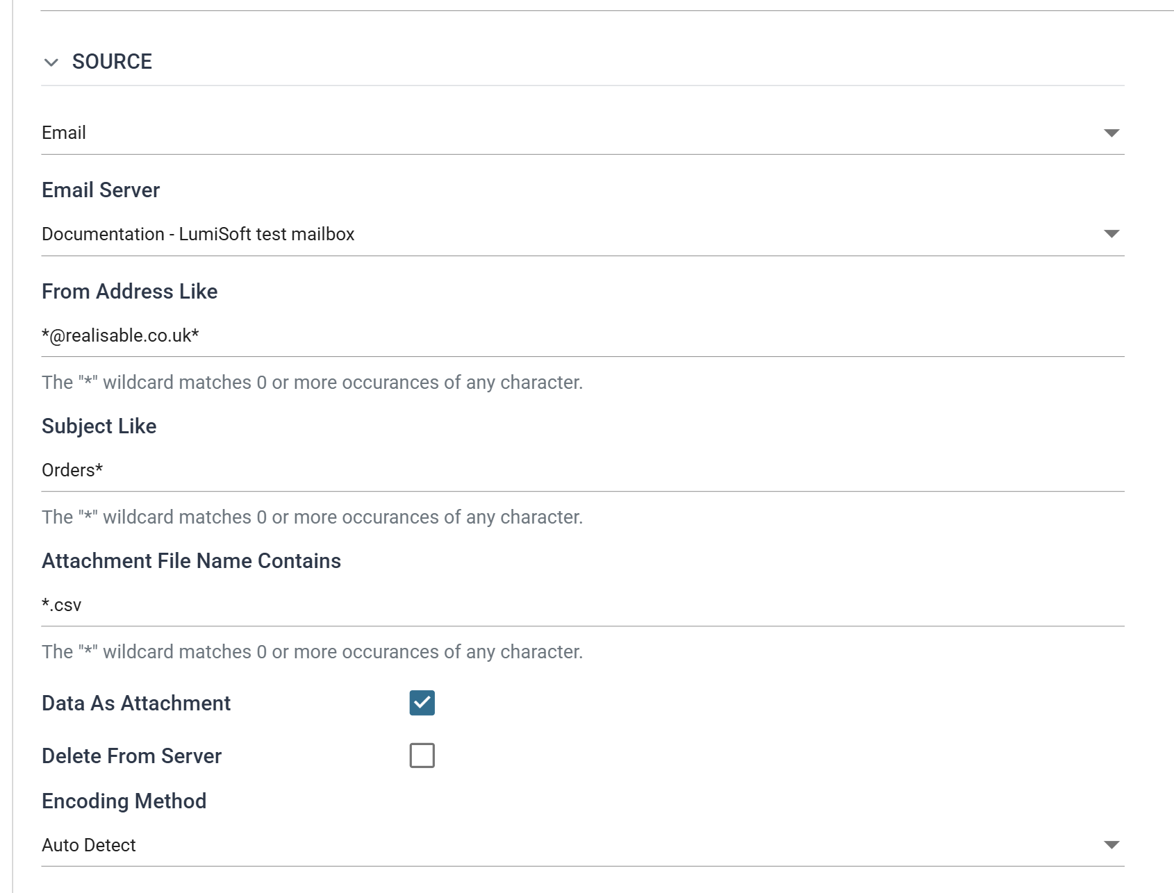 The Source section of a CSV reader's Setup tab with Email selected, showing Email Server set to the documentation POP3 mailbox, the From Address Like, Subject Like and Attachment File Name Contains filters, Data As Attachment ticked, Delete From Server clear, and Encoding Method on Auto Detect