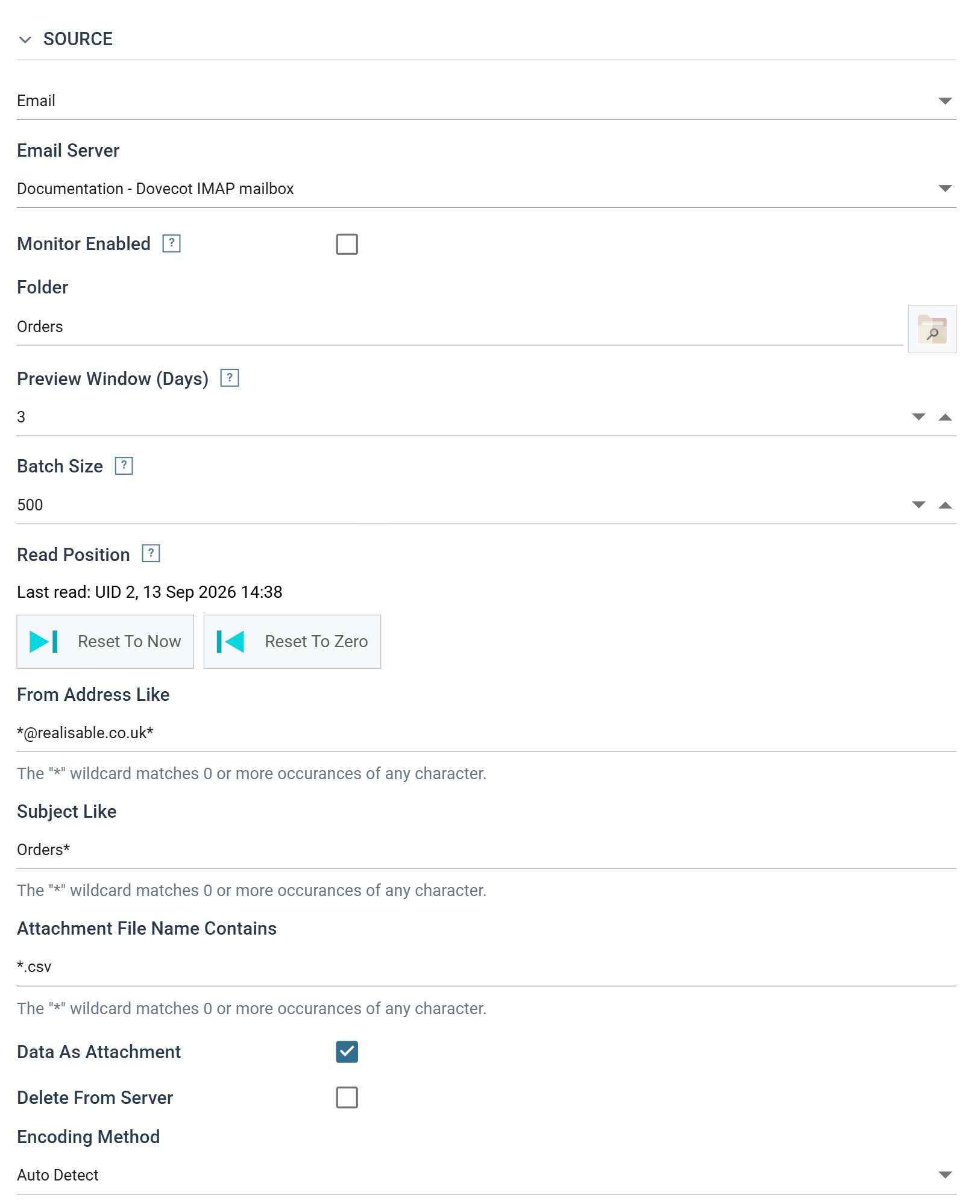 The same Source section with Email Server set to the documentation IMAP mailbox: Monitor Enabled, then Folder reading Orders with a browse button, Preview Window (Days) 3, Batch Size 500, and Read Position reading "Last read: UID 2, 13 Sep 2026 14:38" above Reset To Now and Reset To Zero buttons, followed by the three filters, the two check boxes and Encoding Method