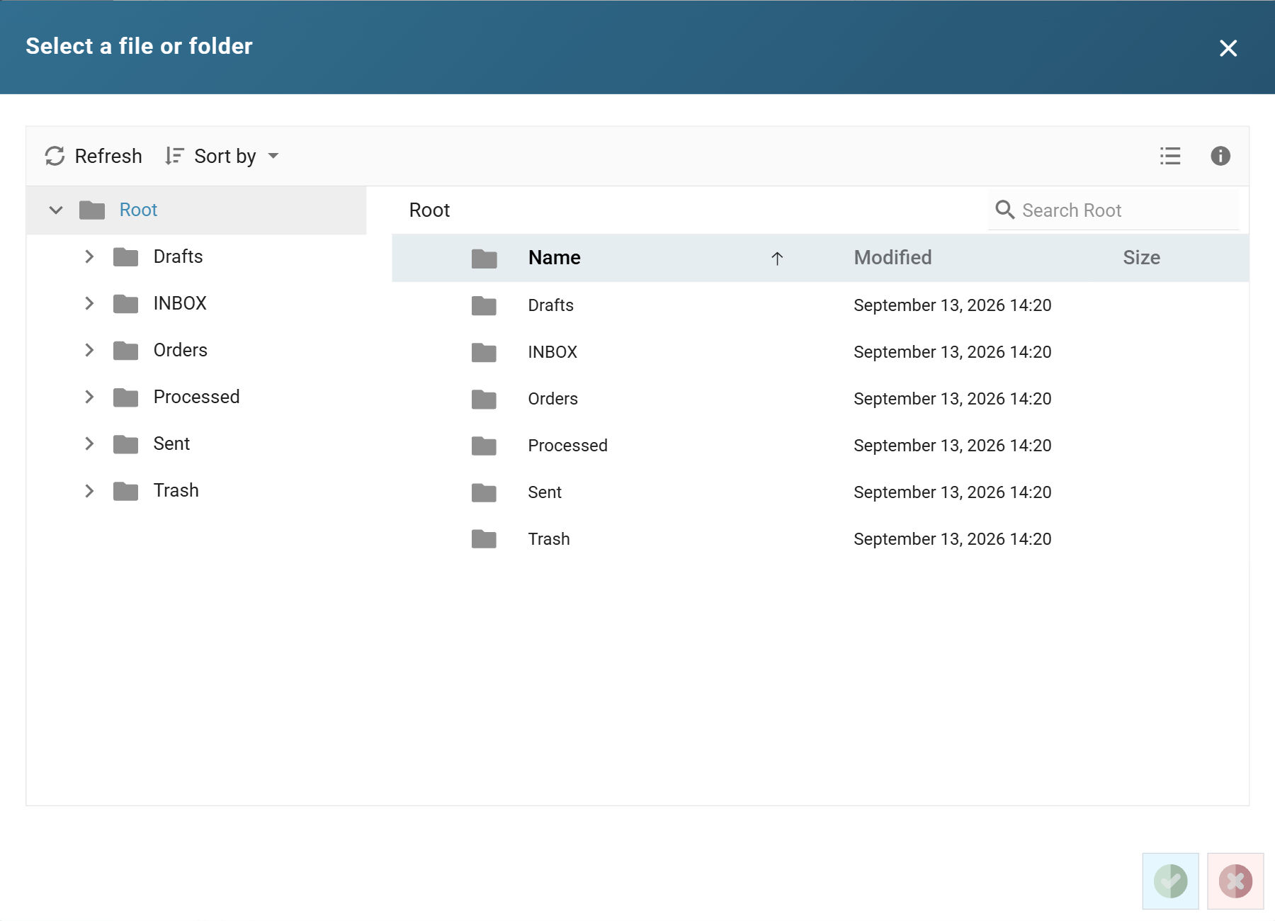 The Select a file or folder dialog listing an IMAP account's folders: Drafts, INBOX, Orders, Processed, Sent and Trash