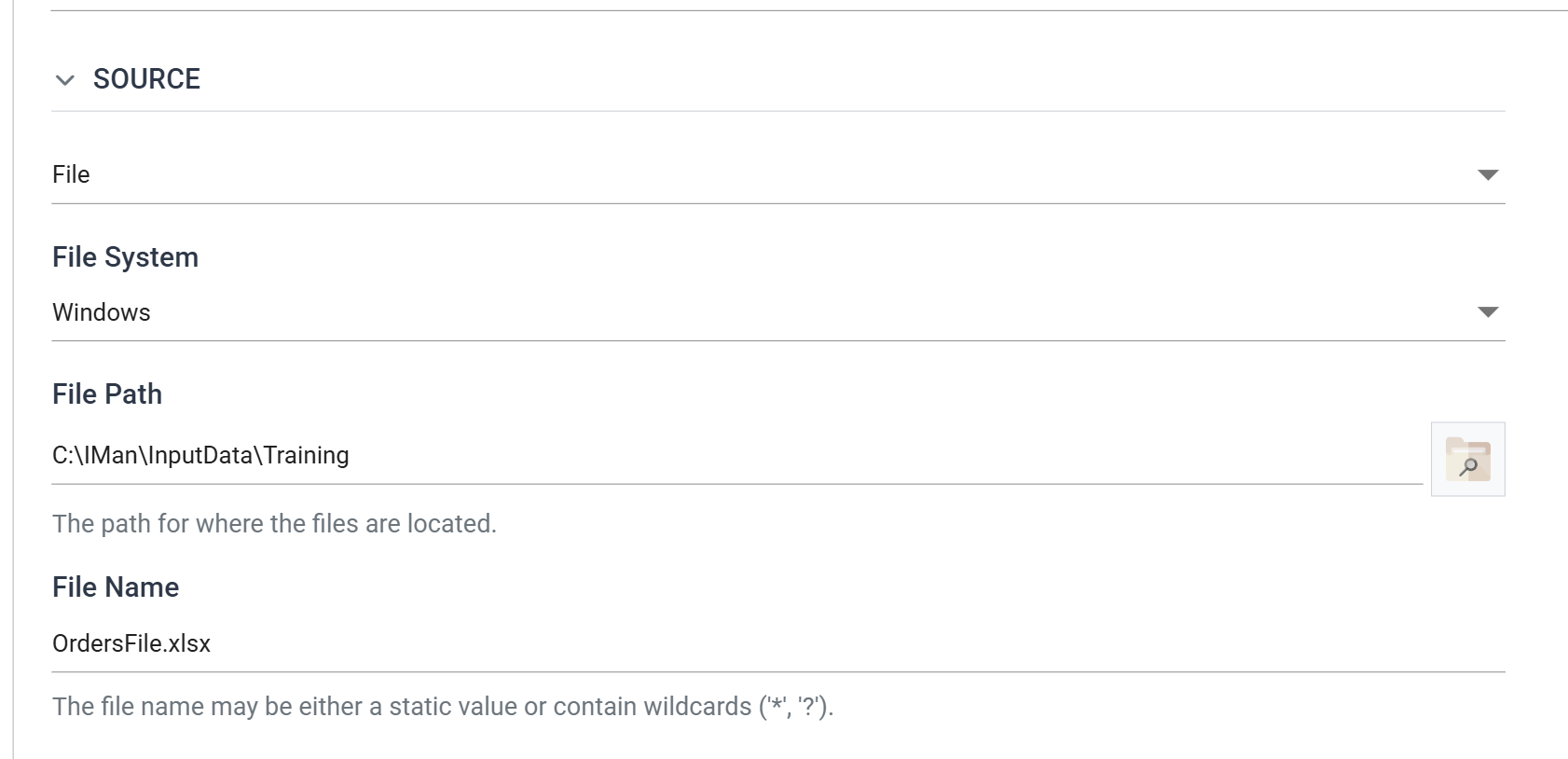 The Source section of a reader's Setup tab with the File controller selected, showing the File System drop-down, File Path with its Browse button, and File Name