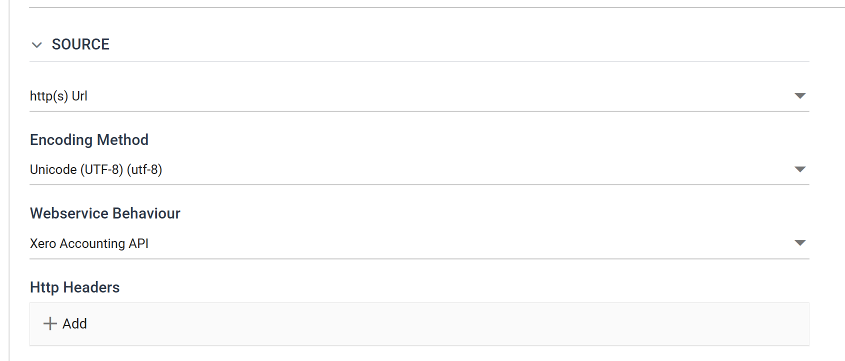 The Source section of a reader's Setup tab with http(s) Url selected, showing Encoding Method set to Unicode (UTF-8), Webservice Behaviour set to Xero Accounting API, and an empty Http Headers list with its Add button