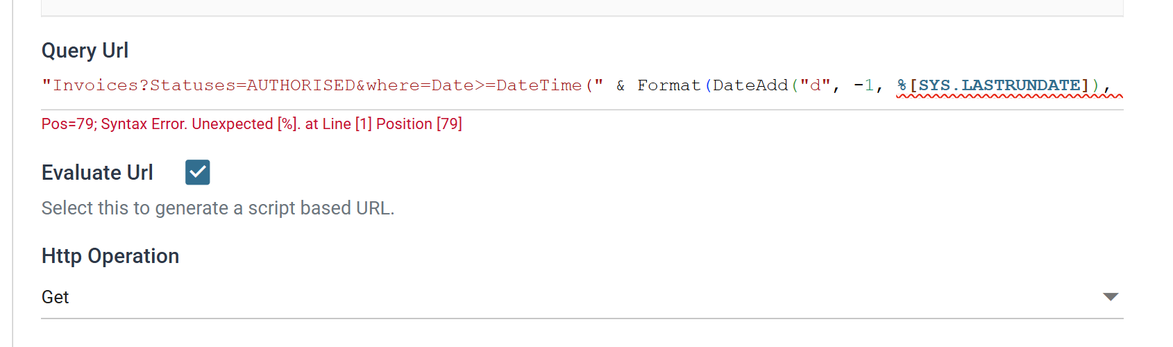 The Query Url as a script editor holding an evaluated expression, with the live check marking the field reference in red, the Evaluate Url box ticked, and Http Operation set to Get