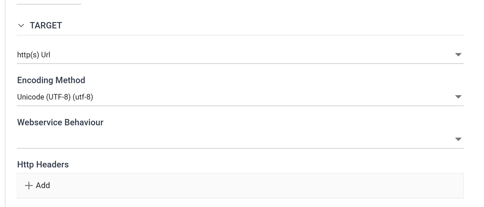 The Target section of the XML Writer's Setup tab with http(s) Url selected, showing Encoding Method, an empty Webservice Behaviour, and the Http Headers list