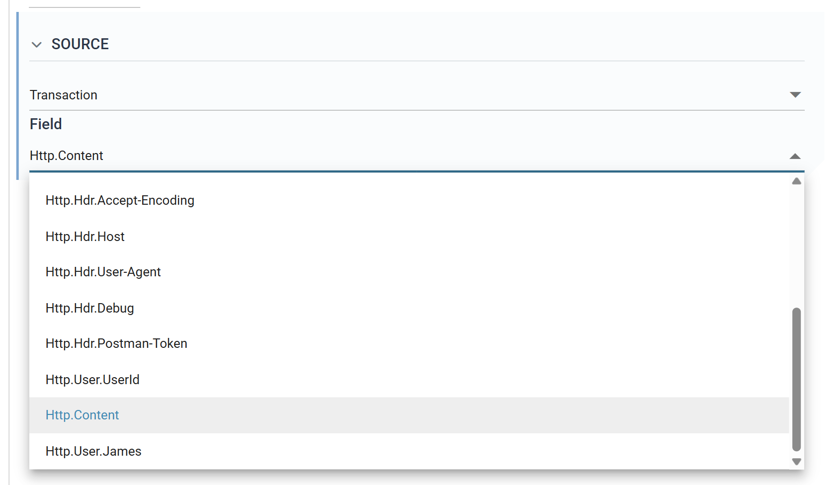 The Source section of a JSON reader's Setup tab with Transaction selected and the Field drop-down open, listing the WebAPI reader's Http.Method, Http.Route, Http.Param and Http.Hdr fields down to Http.Content