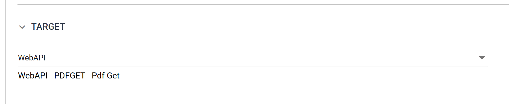The Target section of a Form URL writer's Setup tab with WebAPI selected, and beneath the drop-down the read-only line WebAPI - PDFGET - Pdf Get naming the endpoint the integration answers