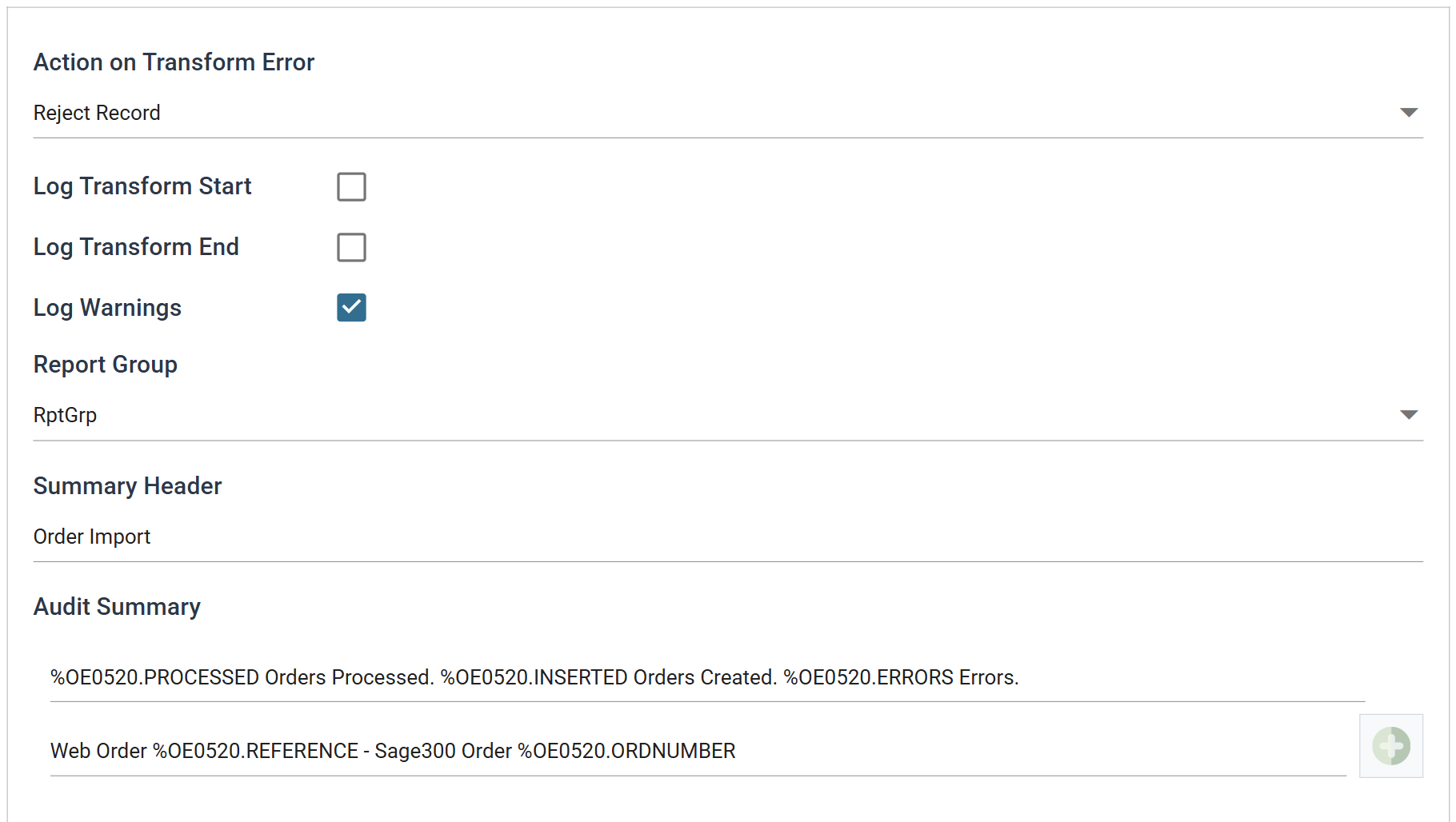 The push connector Audit tab: Action on Transform Error set to Reject Record, Log Warnings selected, a Report Group, a Summary Header reading Order Import, and two Audit Summary lines referencing OE0520 counters and fields