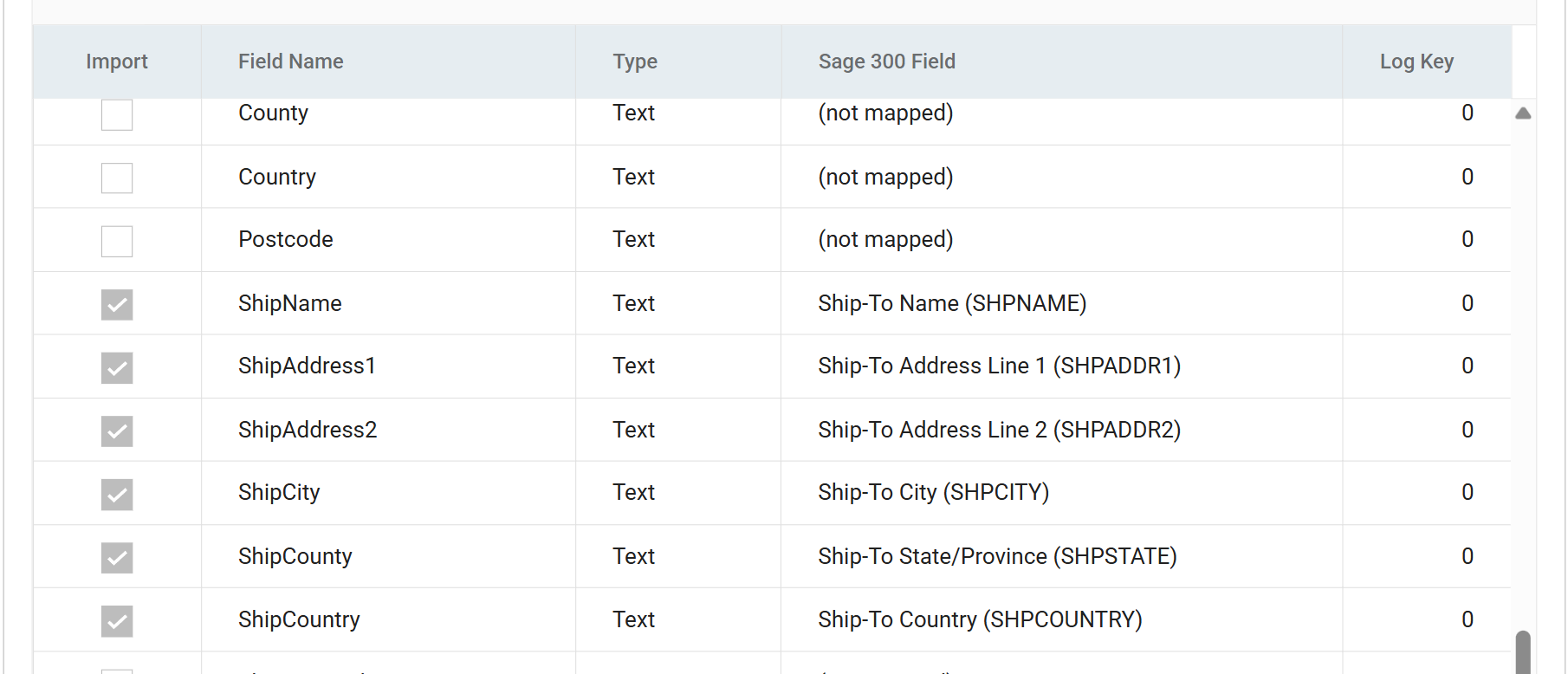 The push connector Field Mapping tab: Current Transaction Id set to Orders, Sage 300 Transaction Type set to Orders (OE0520), a Transaction Level Mapping panel showing Orders to OE0520 with OrderDetails to OE0500 beneath it, and the field grid of Import, Field Name, Type, Sage 300 Field and Log Key